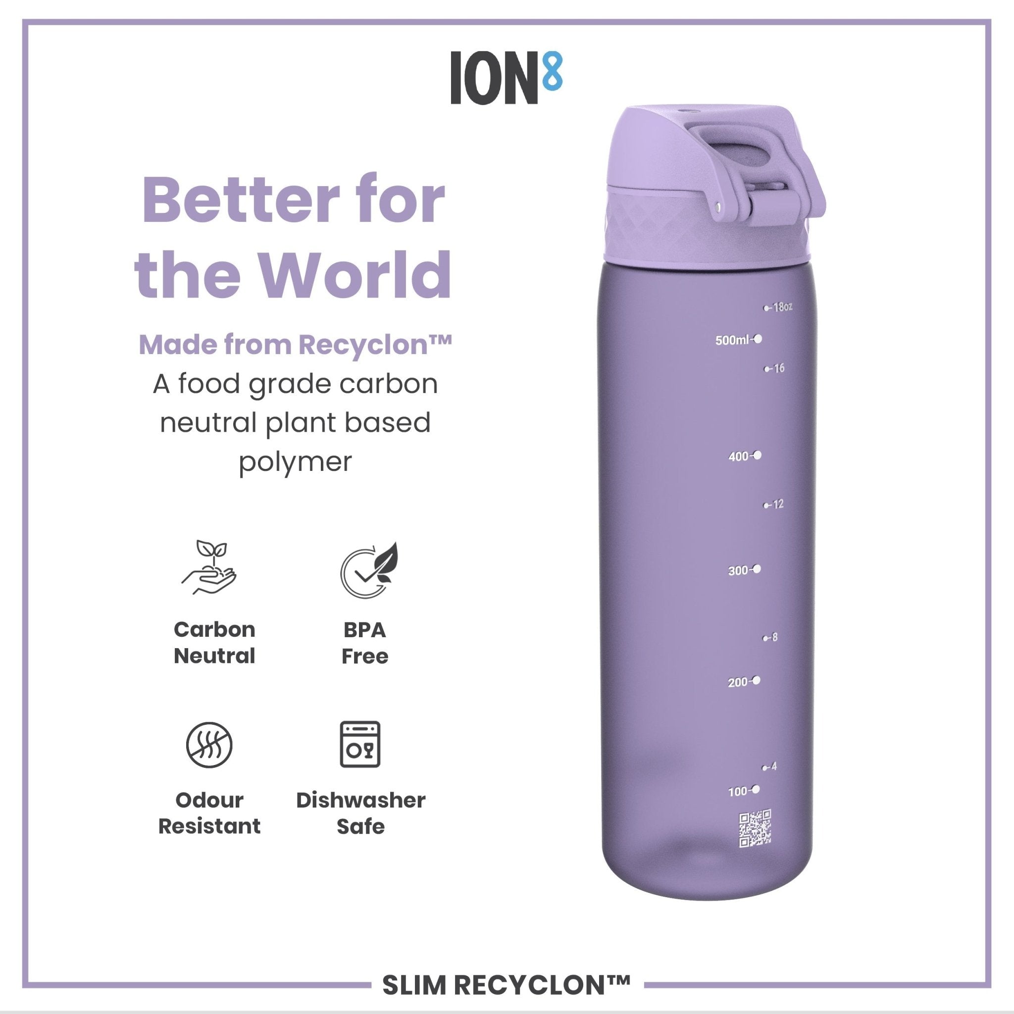 Recyclon leak-proof slim water bottle in light purple, 500ml (18oz), by ION8, shown with a sleek design and secure lid.