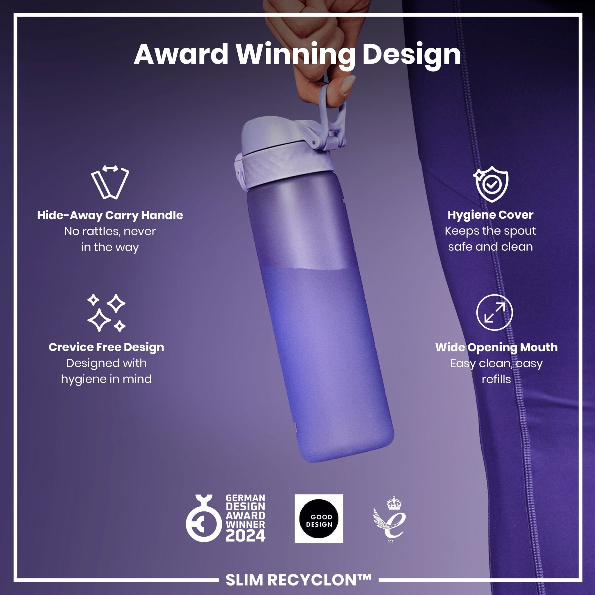 Recyclon ION8 leak-proof slim water bottle in light purple, 500ml (18oz), with a sleek design and secure lid.