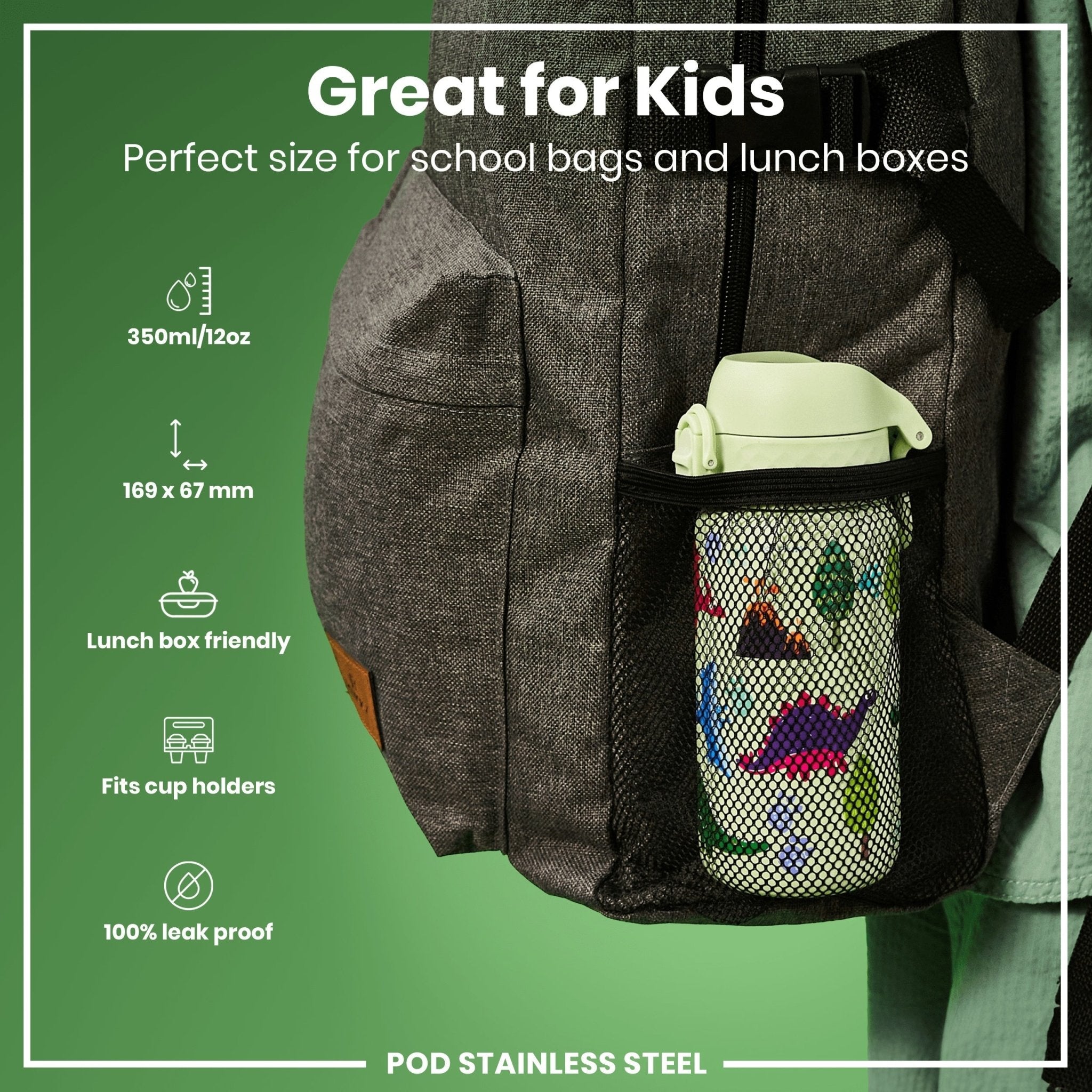 Stainless steel leak-proof water bottle with dinosaur design, 400ml capacity, by ION8, shown with a colorful dinosaur illustration.