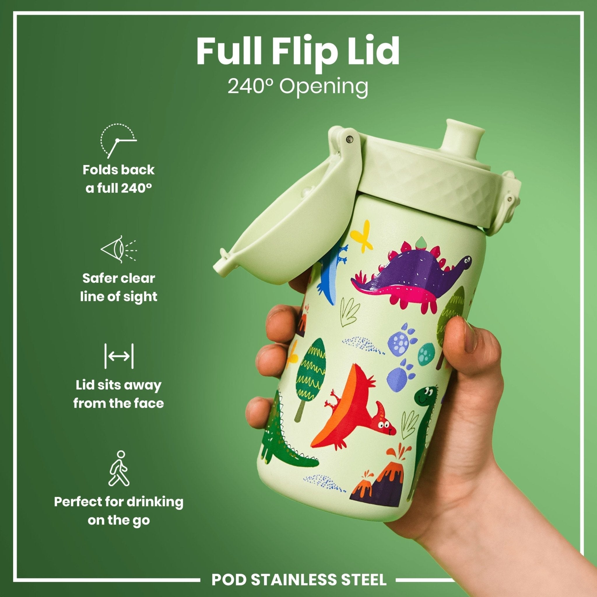 Ion8 stainless steel leak-proof water bottle with dinosaur design, 400ml capacity, durable and portable for hydration.