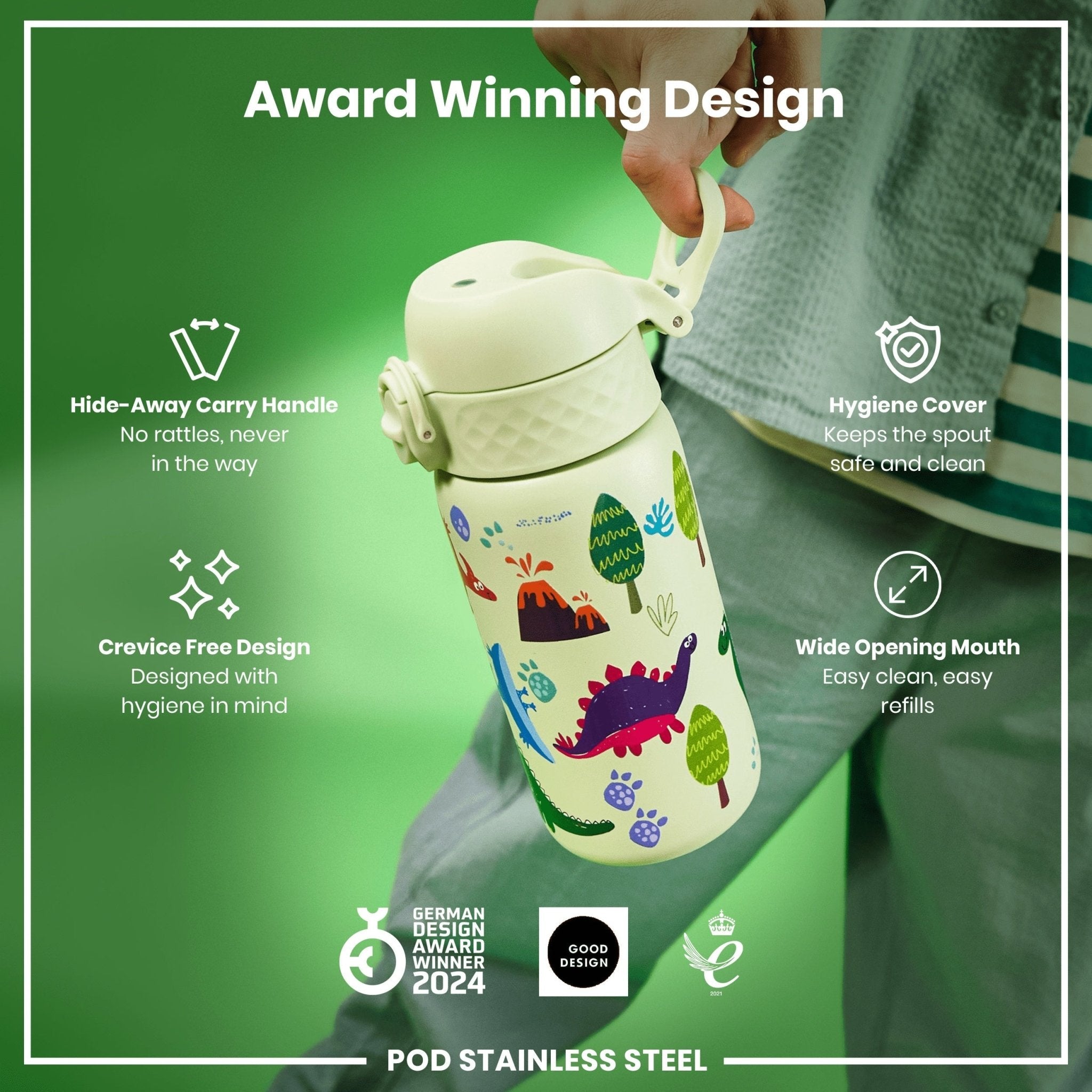 Ion8 stainless steel water bottle with leak-proof lid, featuring colorful dinosaur designs, 400ml capacity.