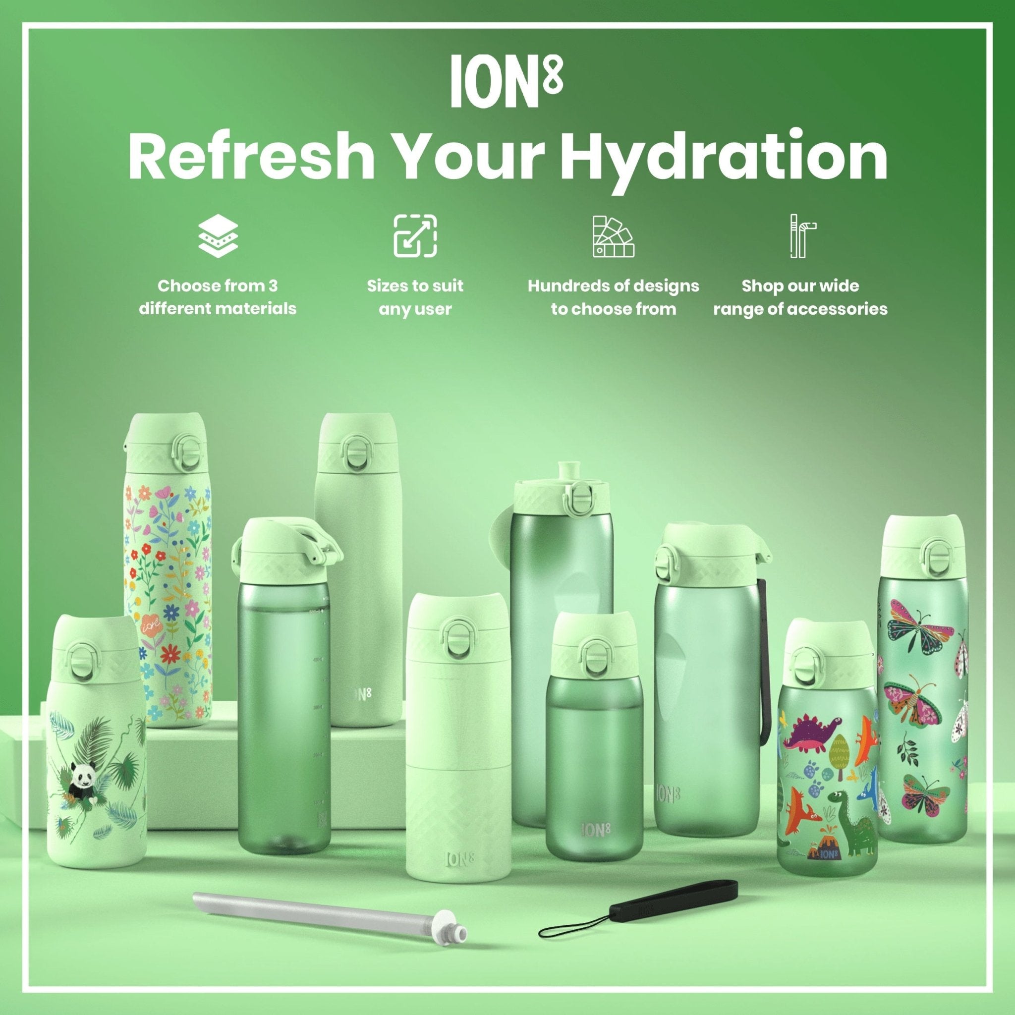 Stainless steel ION8 leak-proof water bottle with dinosaur design, 400ml capacity, ideal for kids and outdoor use