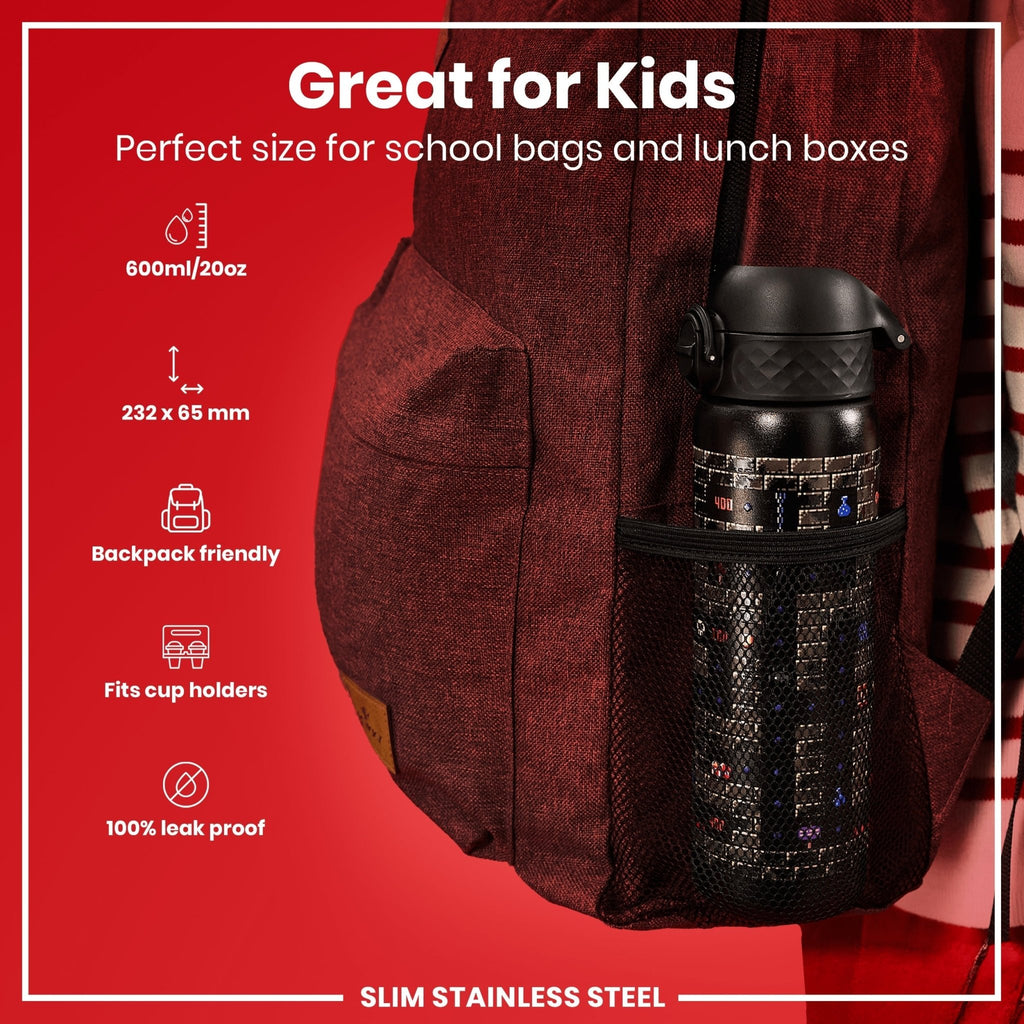 ION8 leak-proof slim stainless steel water bottle for gamers, 600ml (20oz), durable and portable steel water bottle.