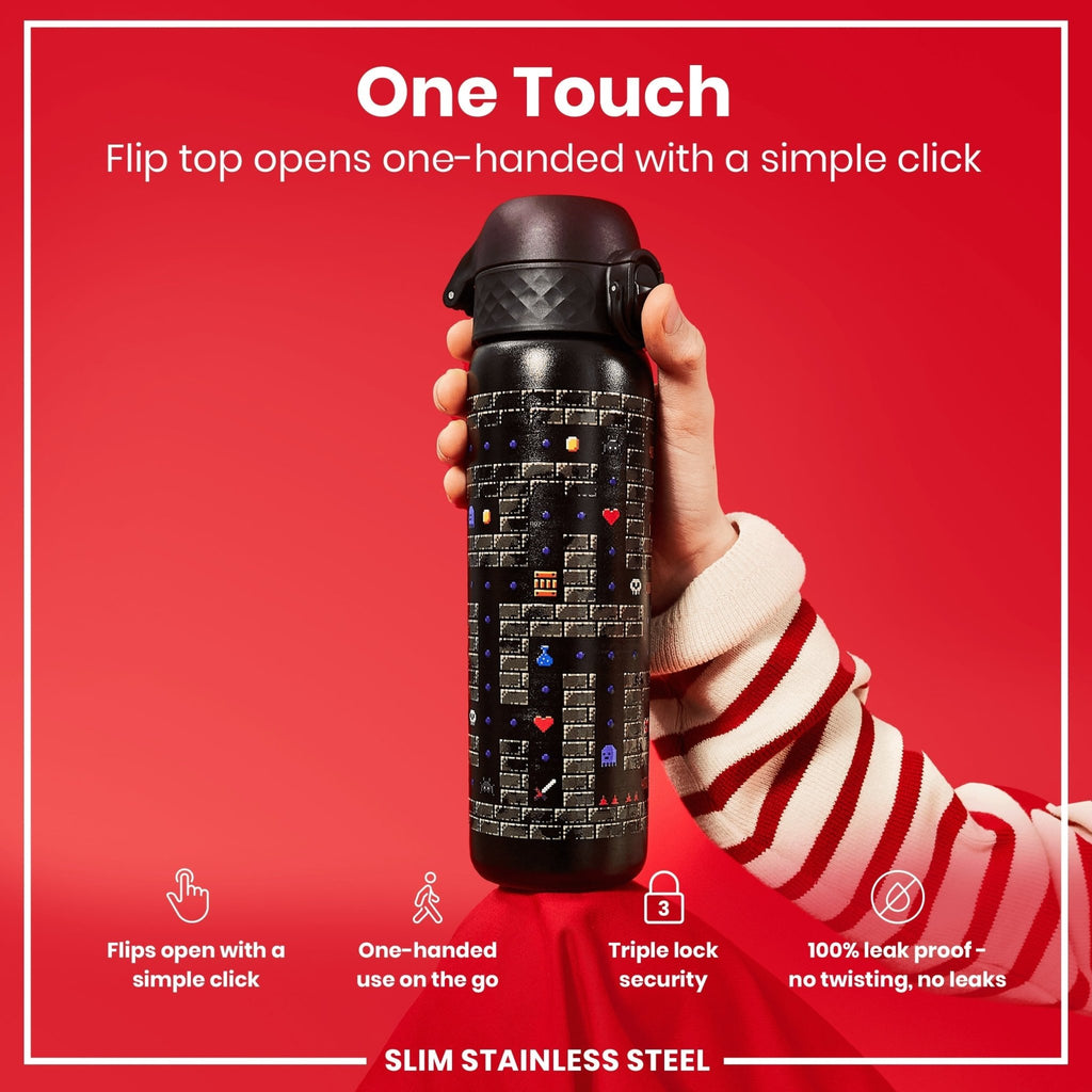 Ion8 leak-proof slim stainless steel water bottle for gamers, 600ml (20oz), with a sleek design and durable construction.