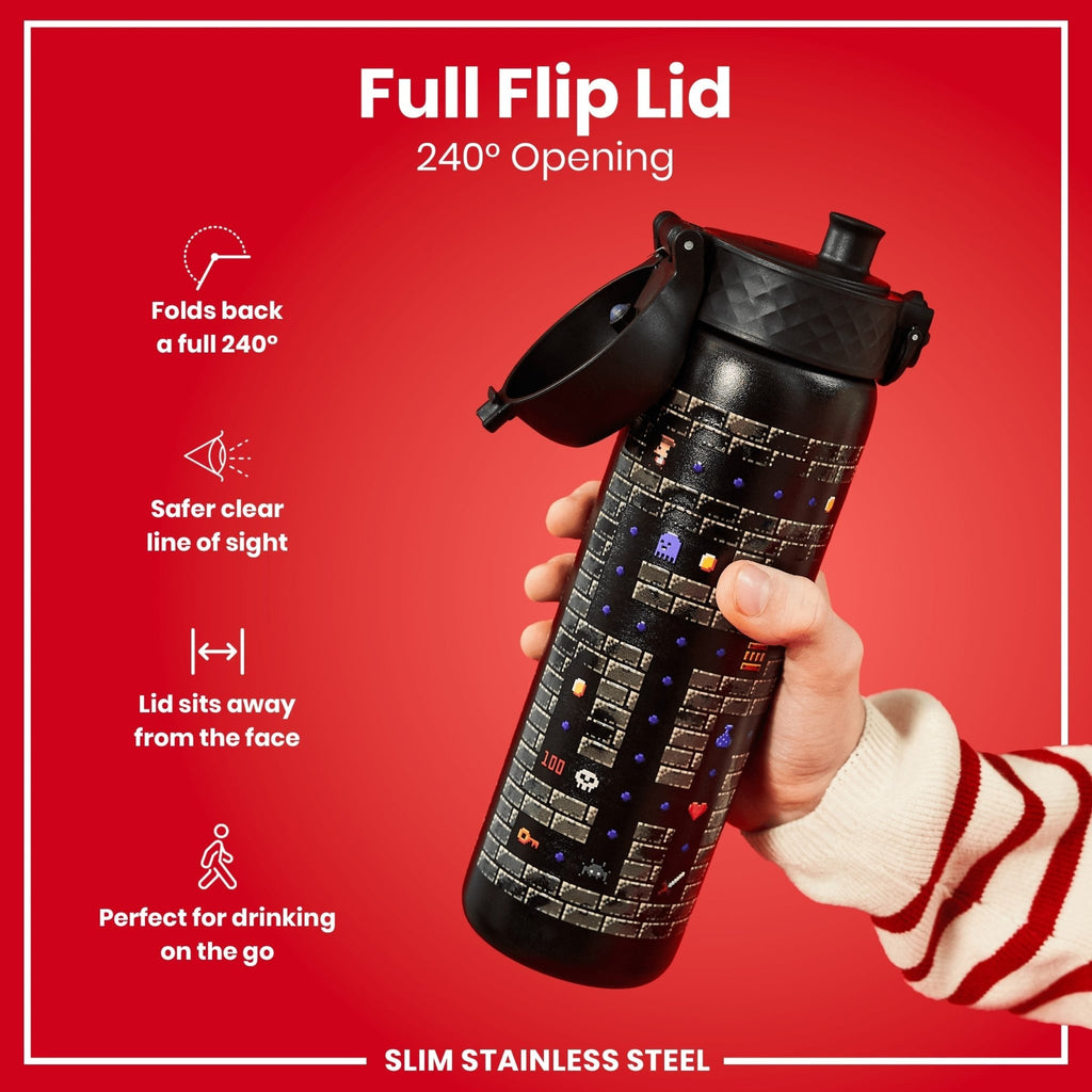 Ion8 leak-proof slim stainless steel water bottle for gamers, 600ml (20oz), featuring a sleek design and durable construction.