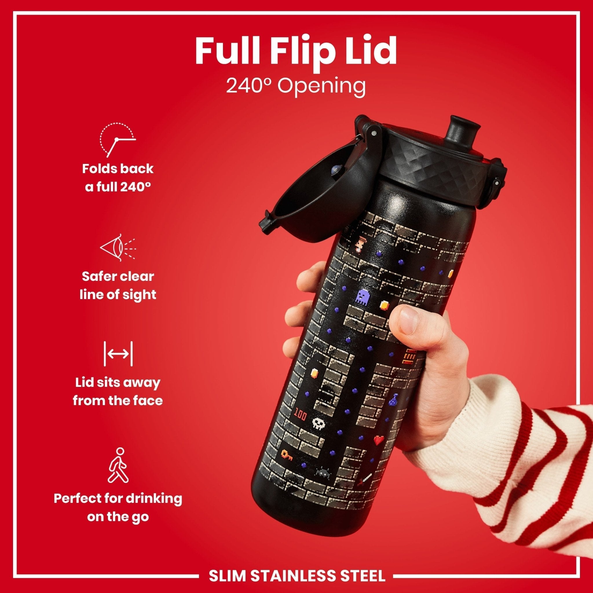 Ion8 leak-proof slim stainless steel water bottle for gamers, 600ml (20oz), featuring a sleek design and durable construction.