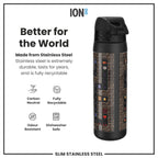 Ion8 leak-proof stainless steel water bottle for gamers, 600ml (20oz), slim design and durable steel construction.