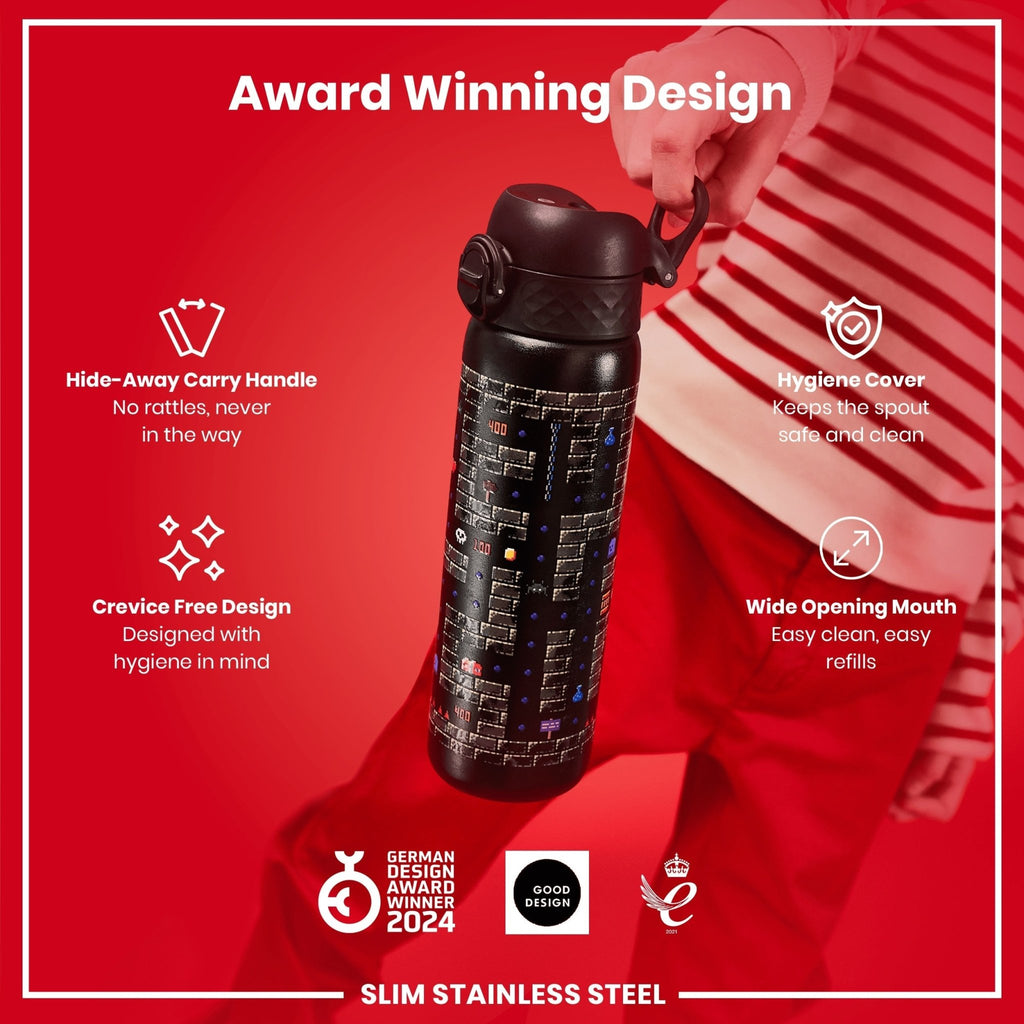 Ion8 leak-proof slim stainless steel water bottle for gamers, 600ml capacity, durable and portable steel water bottle.