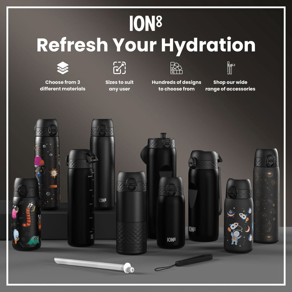Ion8 leak-proof slim stainless steel water bottle for gamers, 600ml (20oz), with a sleek design and secure lid.