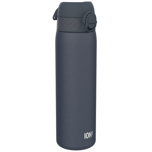Ion8 leak-proof slim stainless steel water bottle in ash navy, 600ml (20oz), designed for durable, spill-resistant hydration.