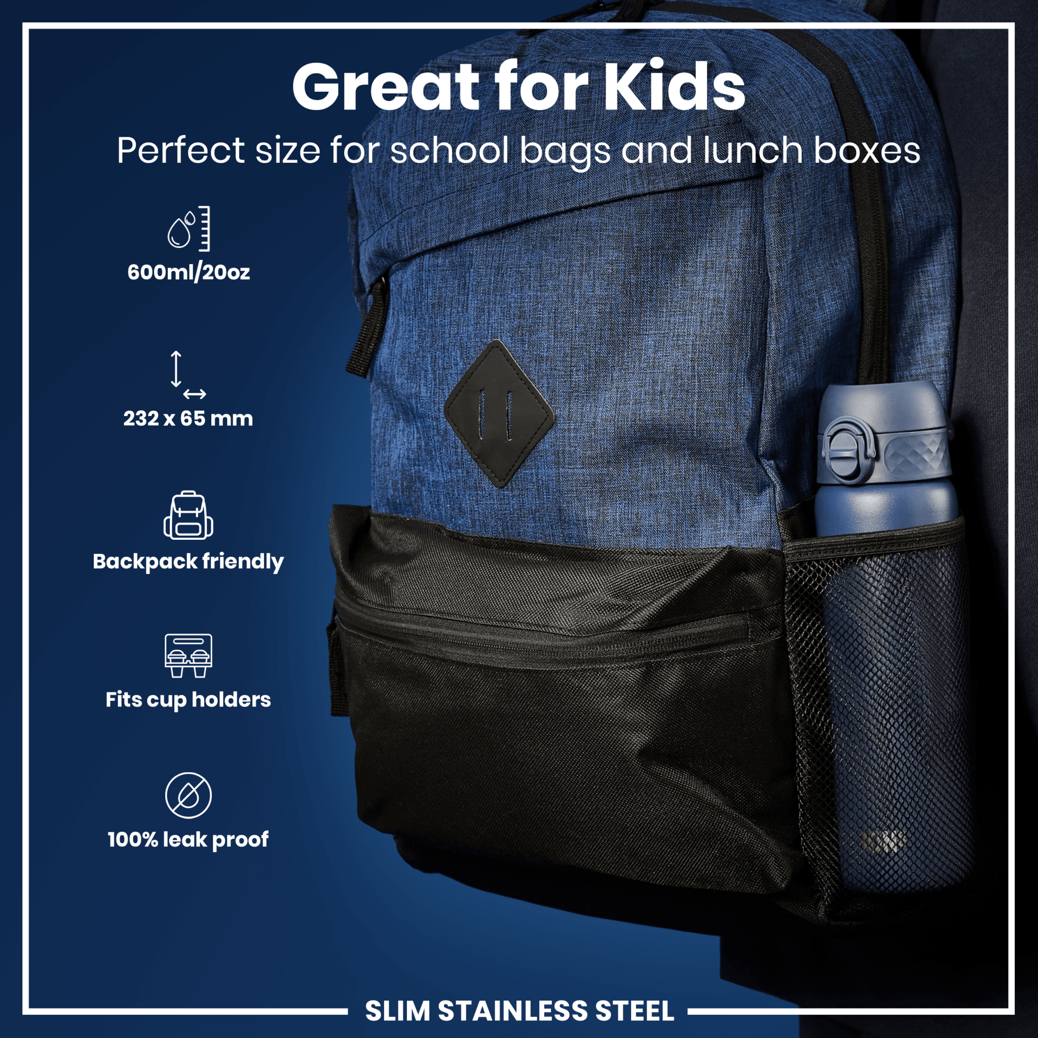 Ion8 leak-proof slim stainless steel water bottle in ash navy, 600ml (20oz), with a sleek design and secure lid.