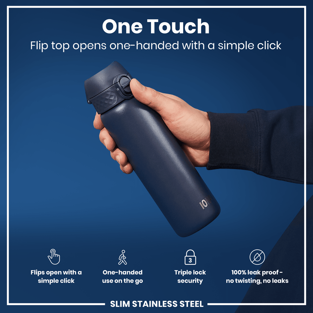 ION8 slim stainless steel water bottle in ash navy, 600ml (20oz), leak-proof design, ideal for staying hydrated on the go.