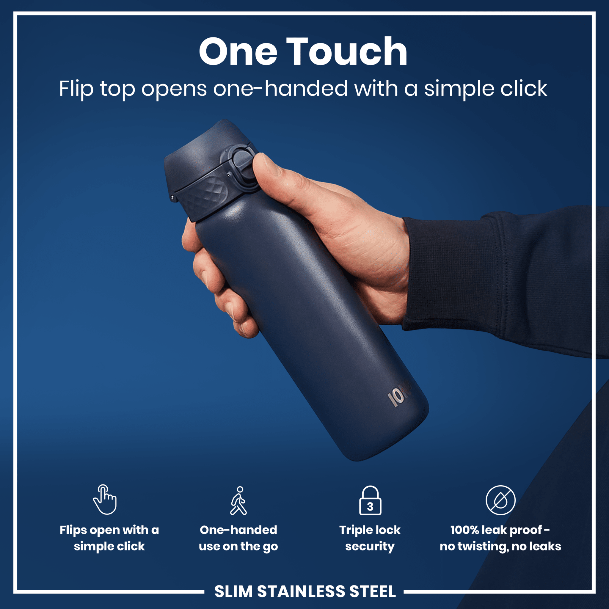 ION8 slim stainless steel water bottle in ash navy, 600ml (20oz), leak-proof design, ideal for staying hydrated on the go.