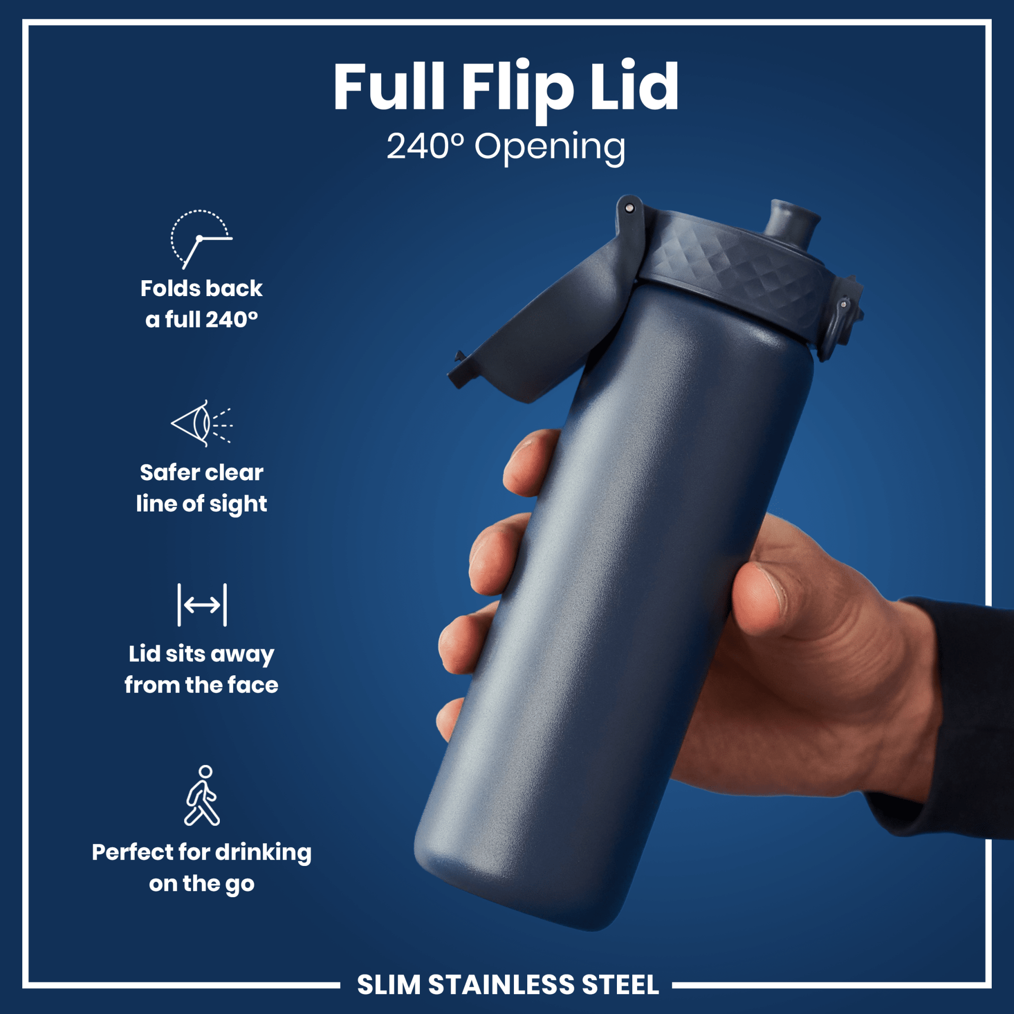 Ion8 leak-proof slim stainless steel water bottle in ash navy, 600ml (20oz), with a sleek design and secure lid.