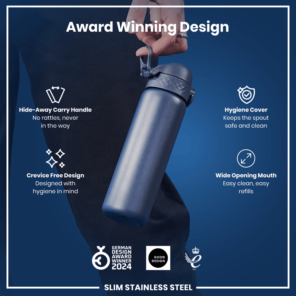 Ion8 leak-proof slim stainless steel water bottle in ash navy, 600ml (20oz), with a sleek design and secure lid.