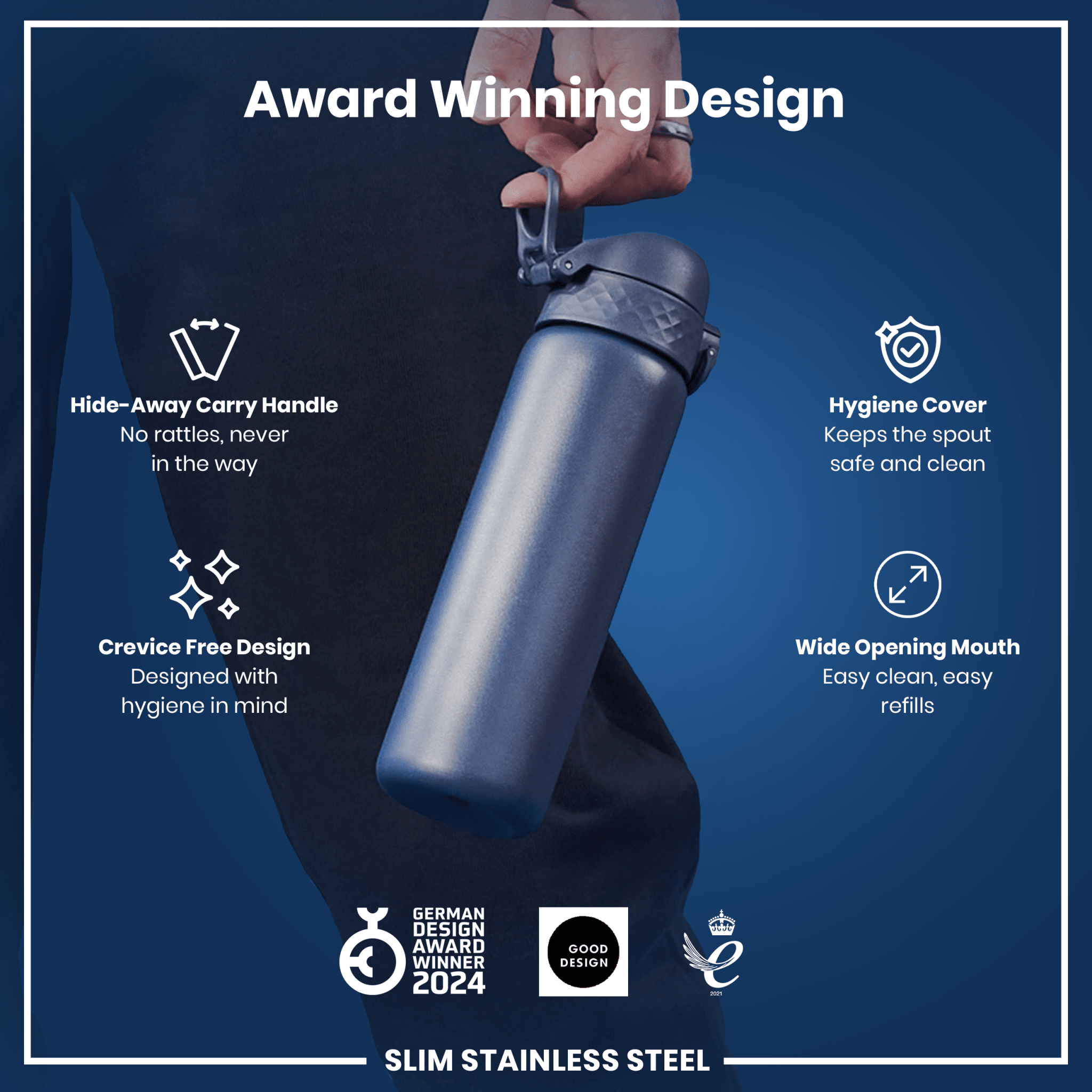 Ion8 leak-proof slim stainless steel water bottle in ash navy, 600ml (20oz), with a sleek design and secure lid.