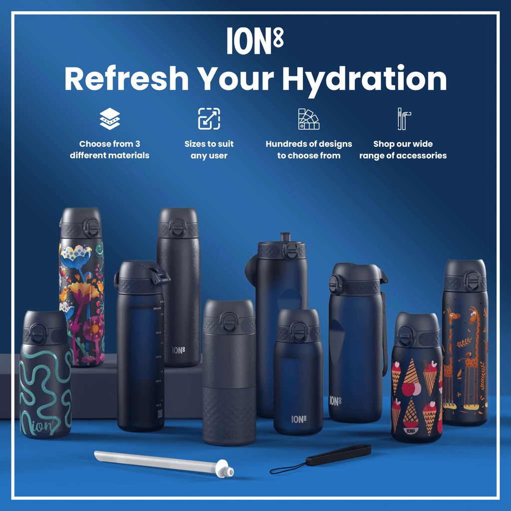 Leak-proof slim stainless steel water bottle in ash navy, 600ml capacity, by ION8, showing the sleek design and lid.