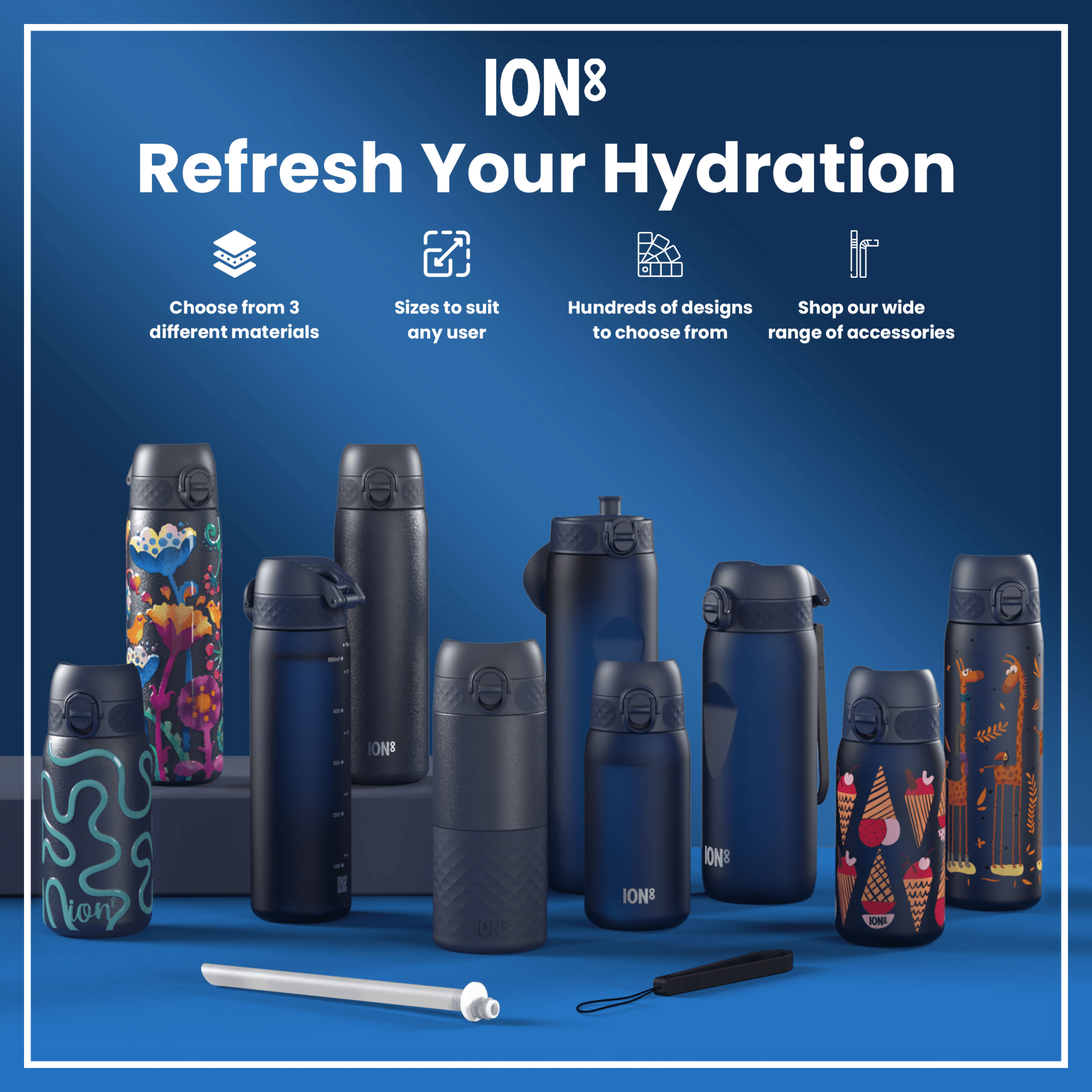 Leak-proof slim stainless steel water bottle in ash navy, 600ml capacity, by ION8, showing the sleek design and lid.