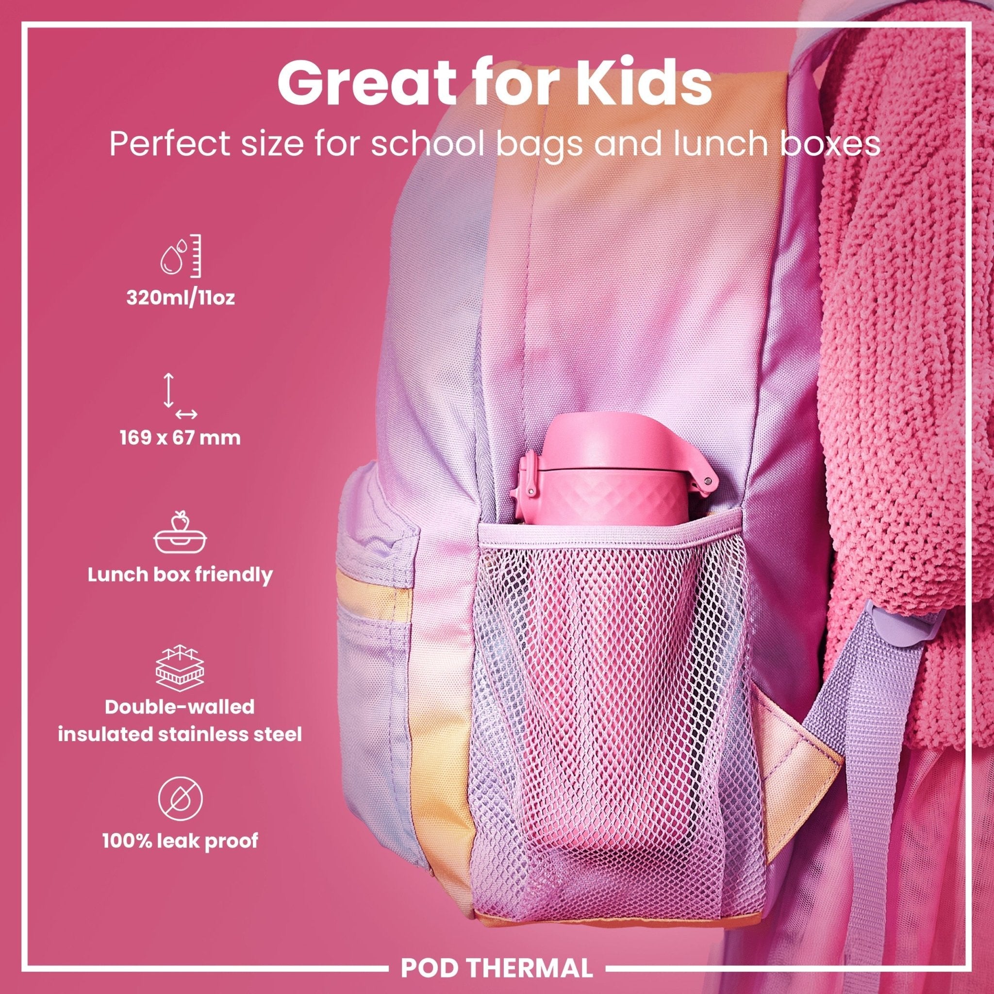 ION8 leak-proof thermal steel water bottle with rose bloom design, insulated 320ml (11oz) for hot or cold drinks.