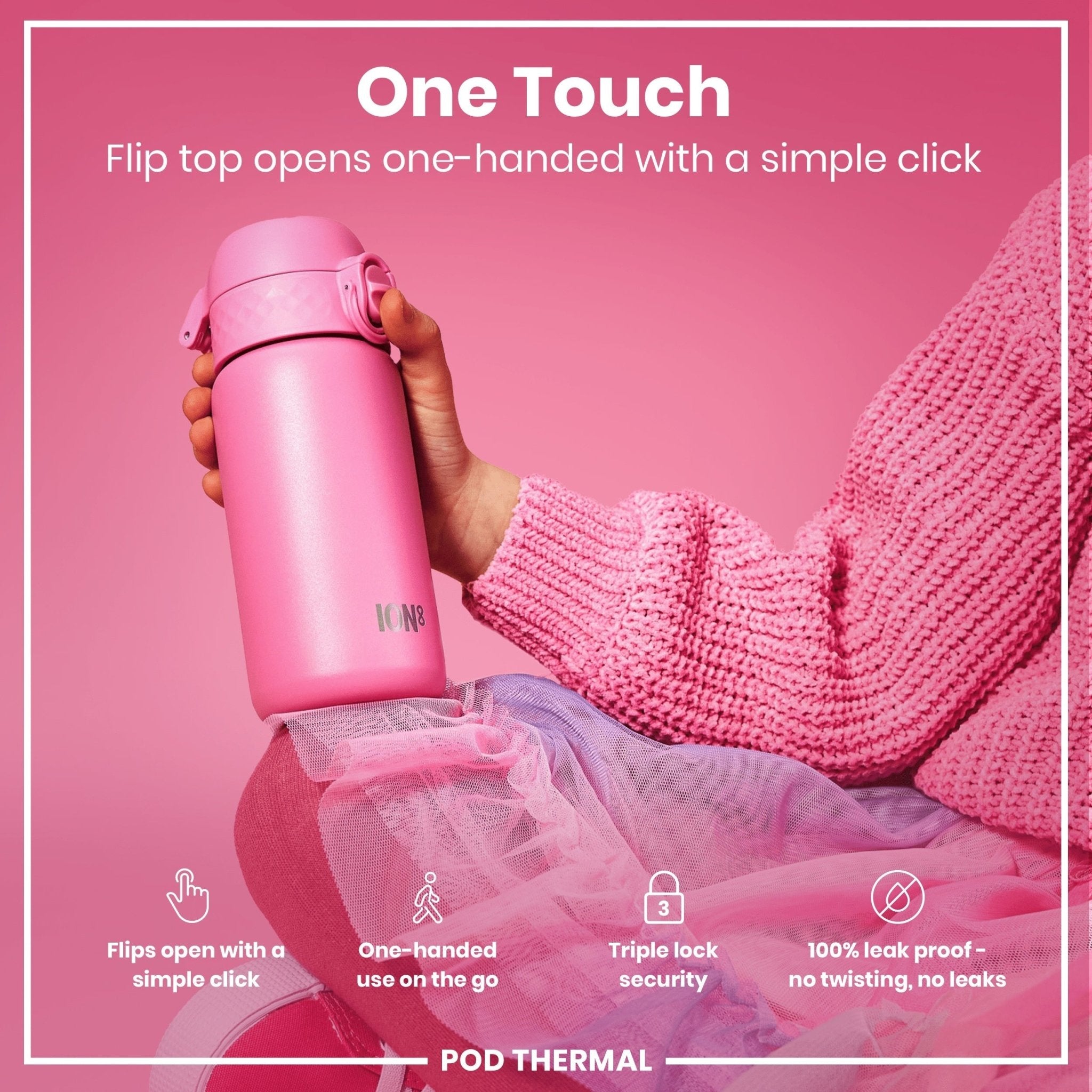 ION8 insulated steel water bottle with leak-proof design, 320ml capacity, rose bloom pattern, and thermal insulation.