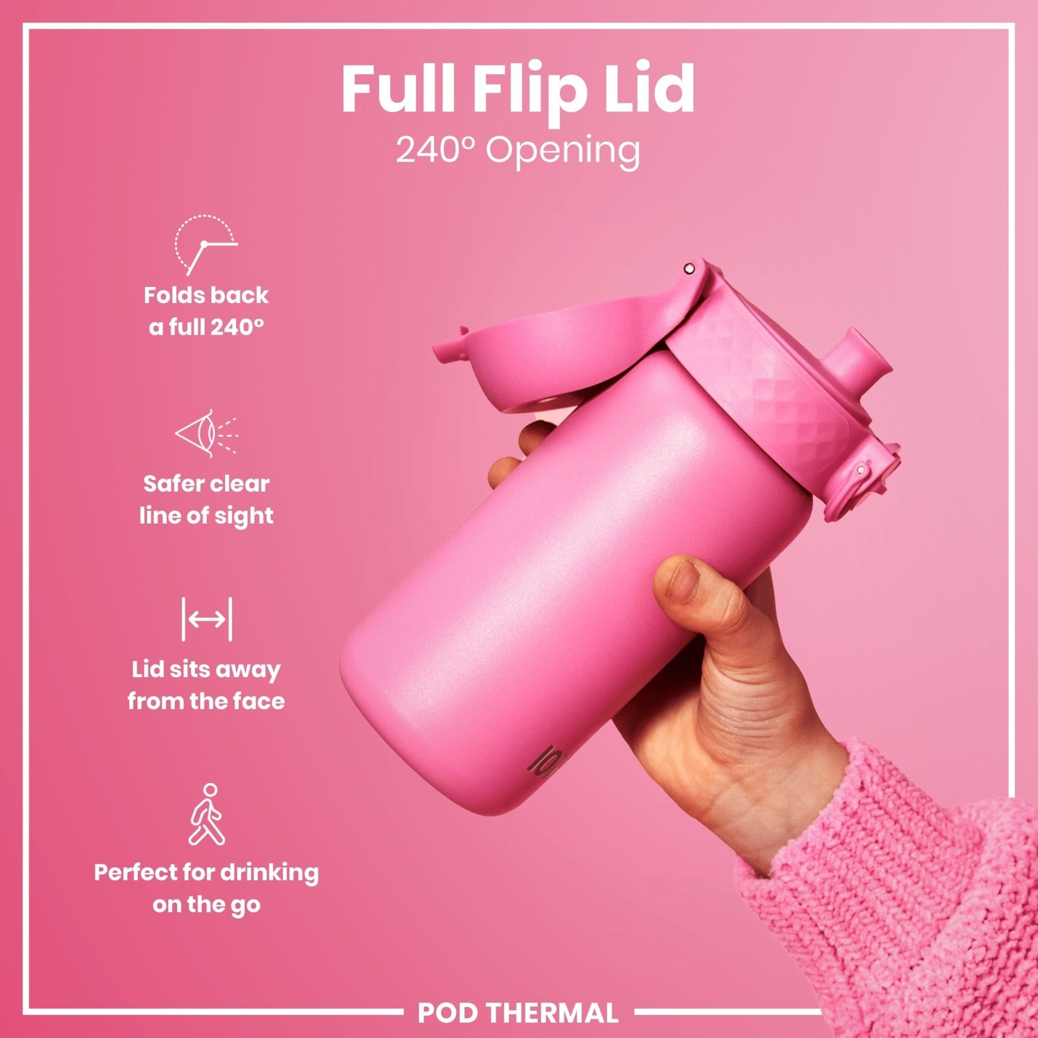 Insulated ION8 steel water bottle with leak-proof design, rose bloom pattern, 320ml capacity, and thermal insulation.