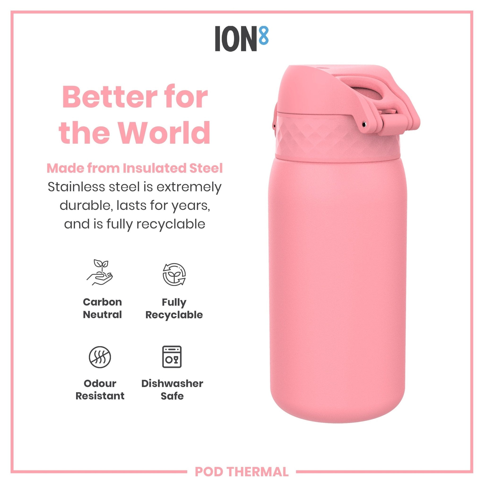 Insulated ION8 leak-proof steel water bottle with rose bloom design, 320ml capacity, and thermal insulation for hot or cold drinks.