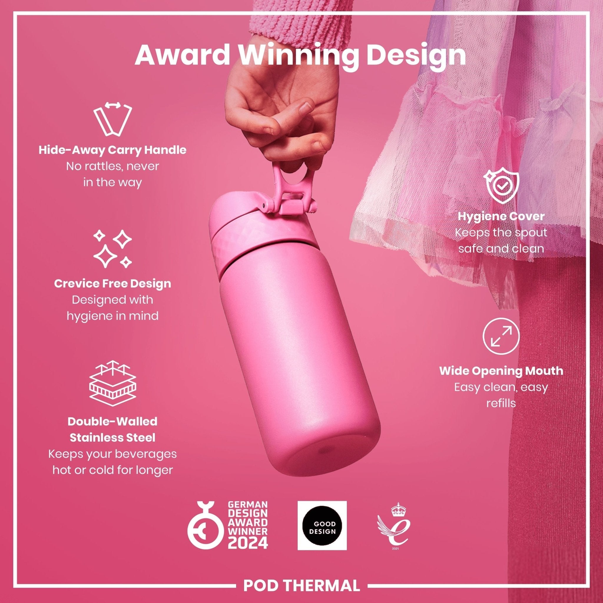Ion8 leak-proof thermal steel water bottle with rose bloom design, 320ml insulated water bottle for hot and cold drinks