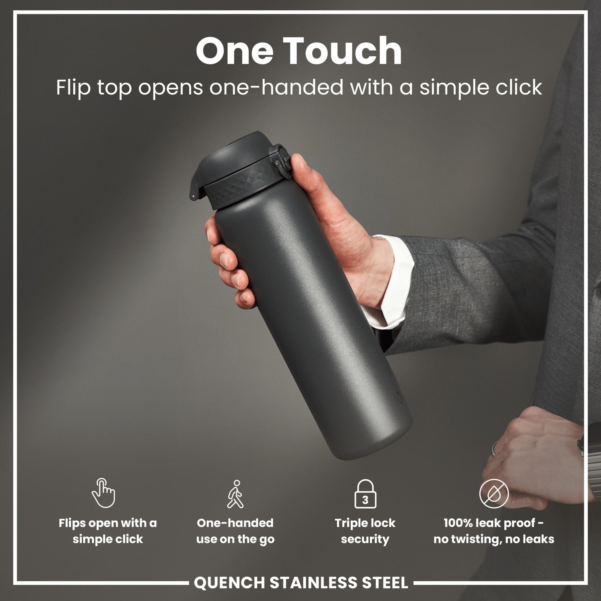 Ion8 stainless steel 1-liter grey water bottle, leak-proof design, durable and stylish for everyday hydration.