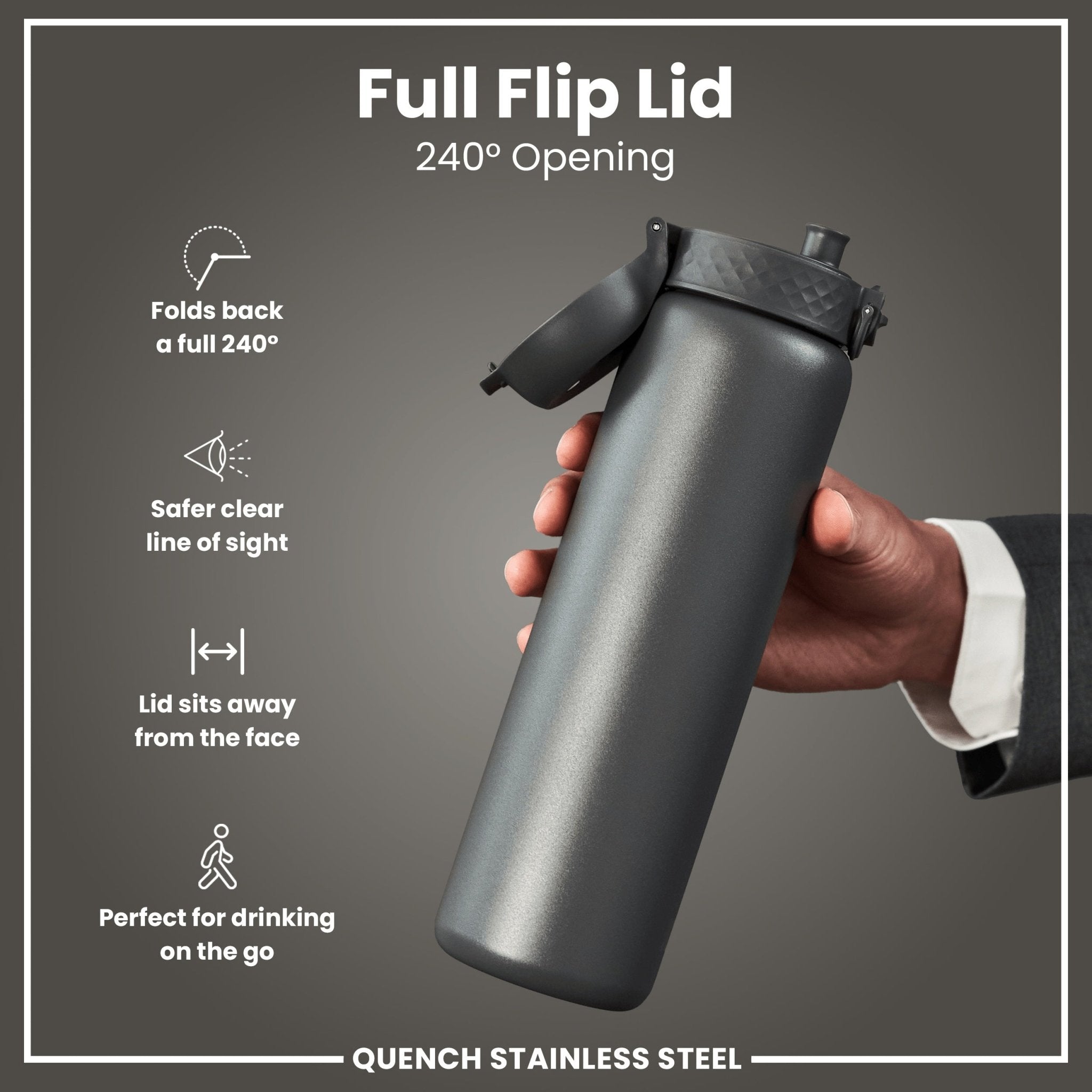 Ion8 stainless steel water bottle in grey, 1 liter leak-proof design with durable construction and secure lid.