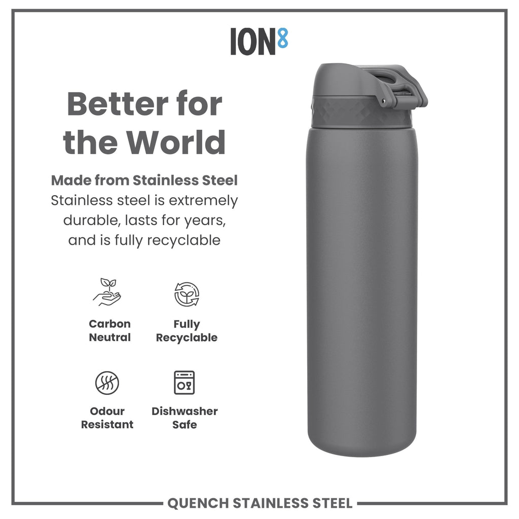 Gray stainless steel ION8 1-liter leak-proof water bottle with a sleek design and secure lid for daily hydration.