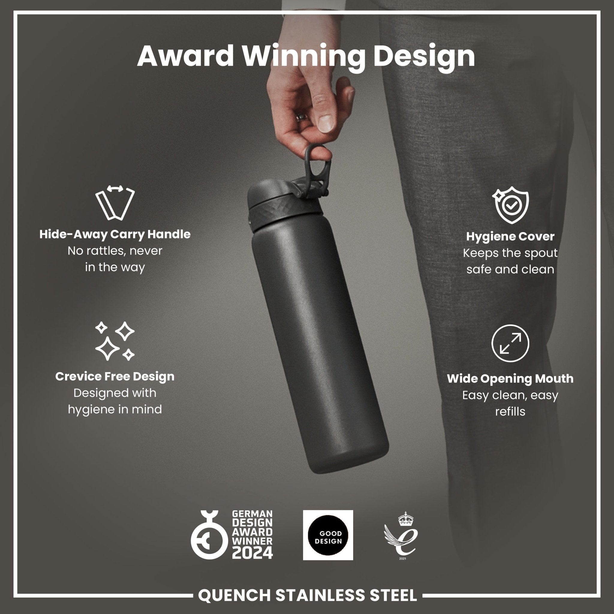 Ion8 stainless steel 1L water bottle in grey, leak-proof design perfect for staying hydrated on the go.