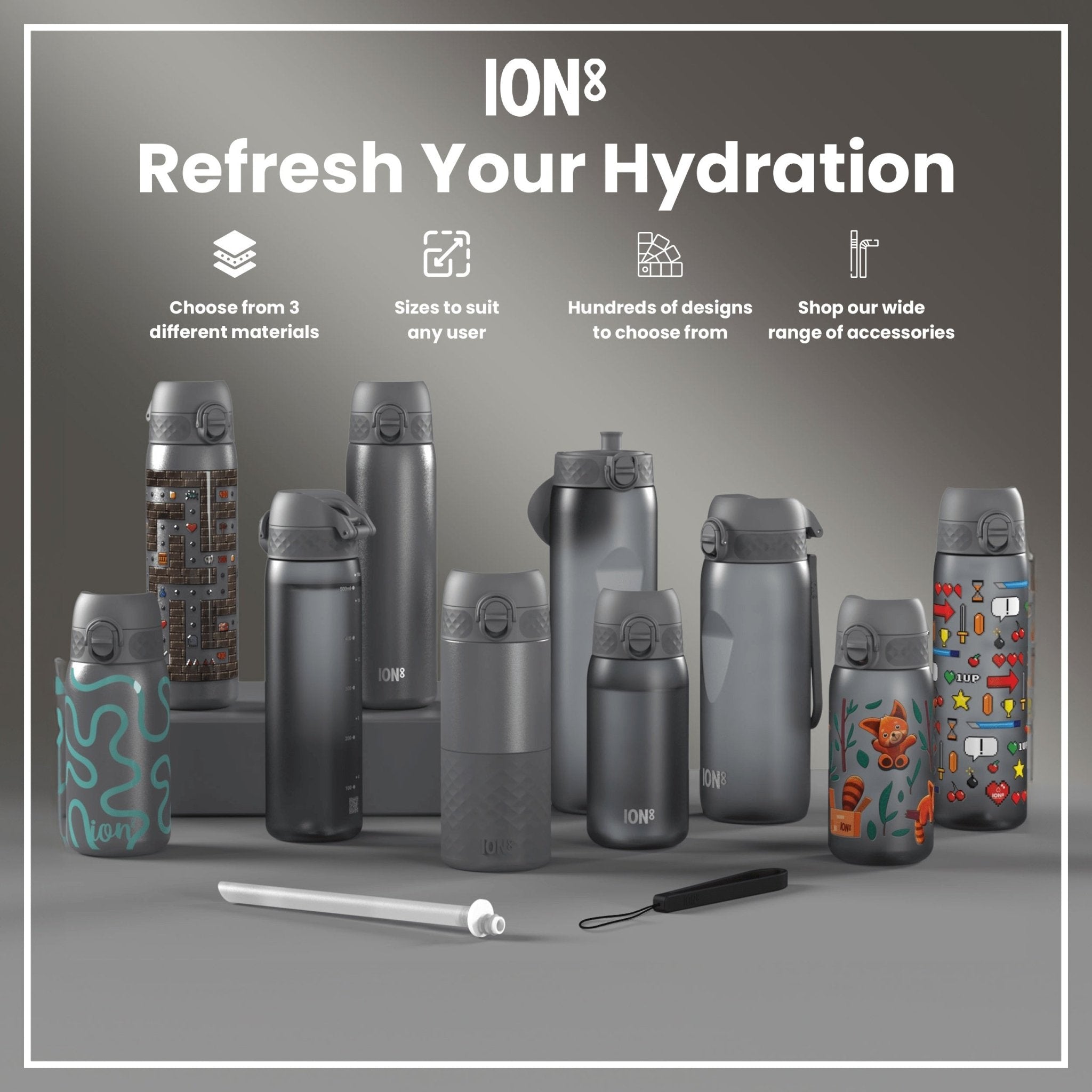 Grey stainless steel ION8 leak-proof 1L water bottle, durable and reusable for hydration on the go.