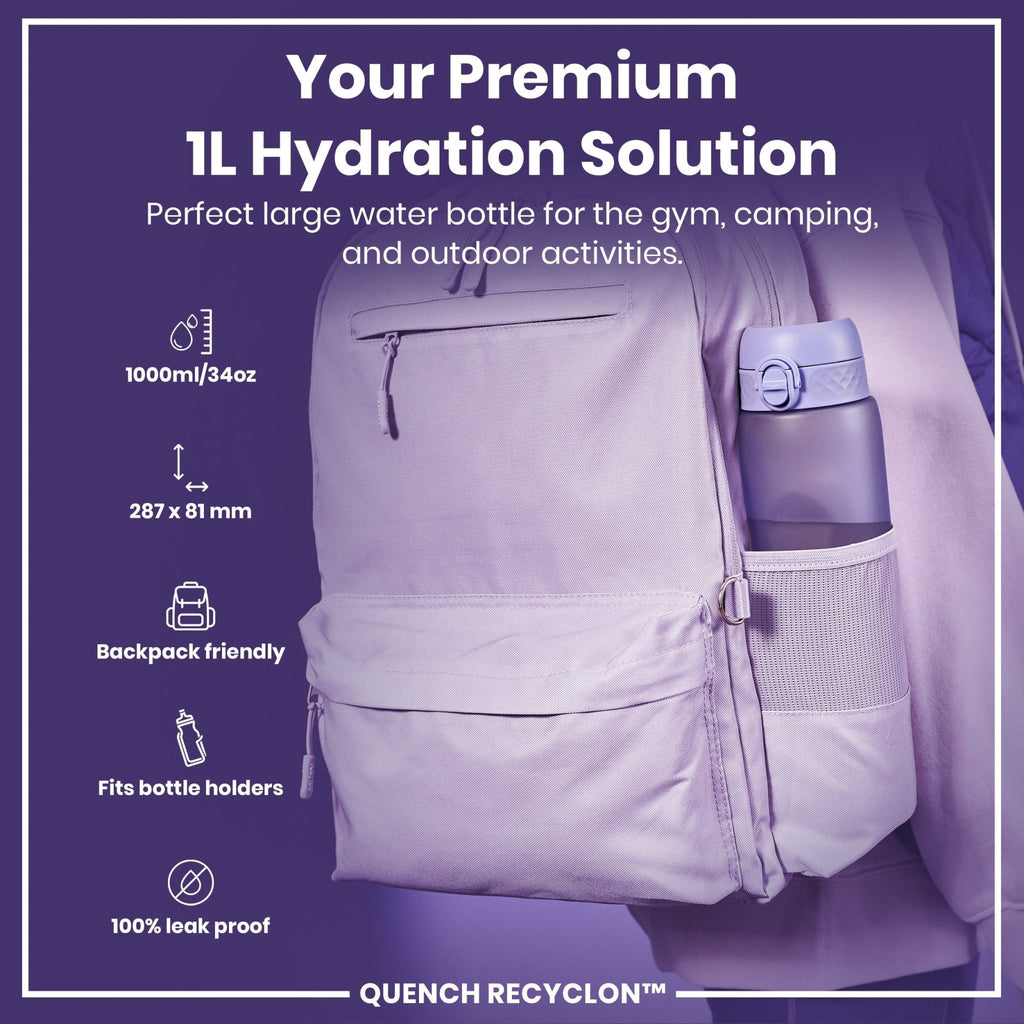 Recyclon ION8 leak-proof 1L water bottle in light purple with secure cap and ergonomic design for daily hydration.