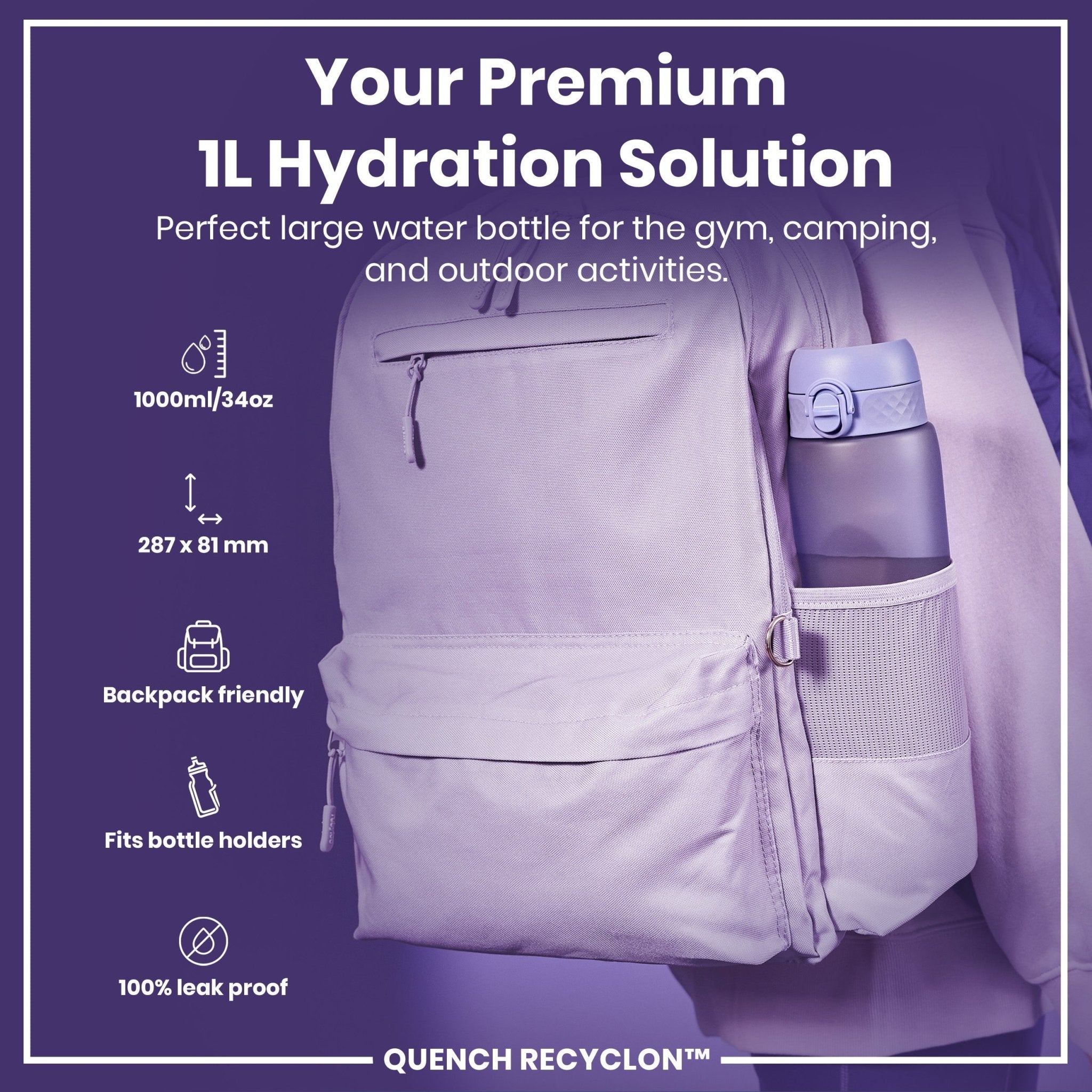 Recyclon ION8 leak-proof 1L water bottle in light purple with secure cap and ergonomic design for daily hydration.