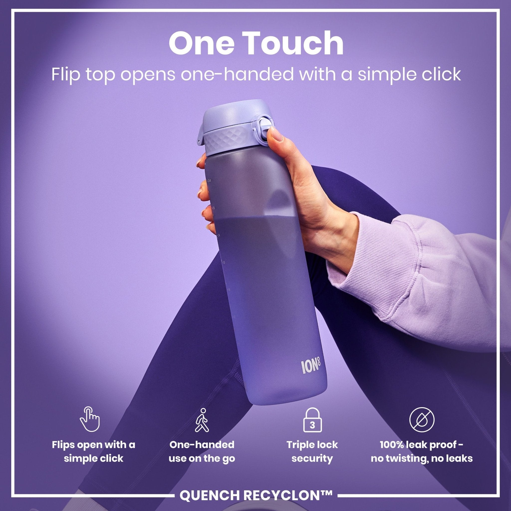 Light purple ION8 Recyclon 1-liter leak-proof water bottle with secure lid and durable design, perfect for staying hydrated on the go.