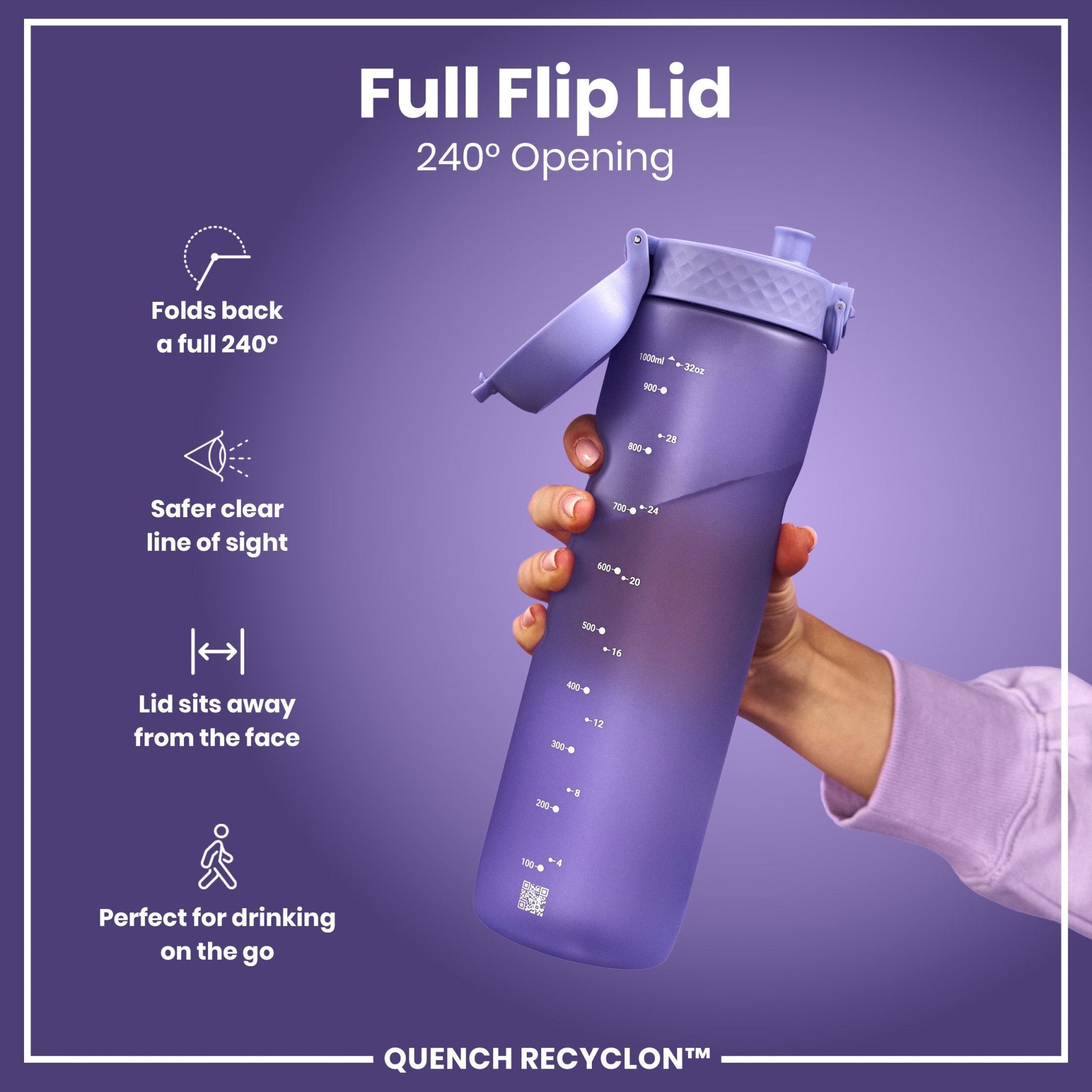 Light purple ION8 Recyclon leak-proof 1L water bottle with a sleek design and secure screw cap.