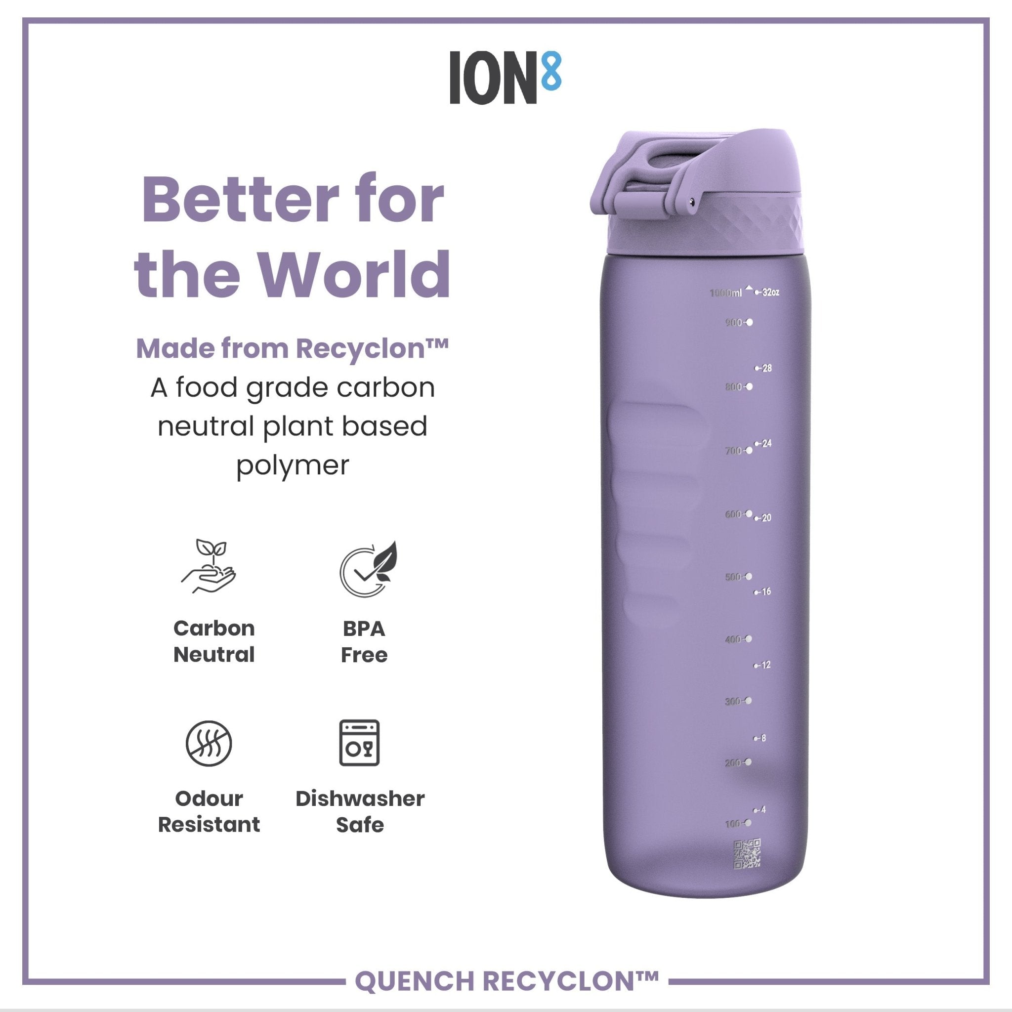 Light purple ION8 Recyclon leak-proof 1-liter water bottle with a secure cap, designed for durability and eco-friendly hydration.