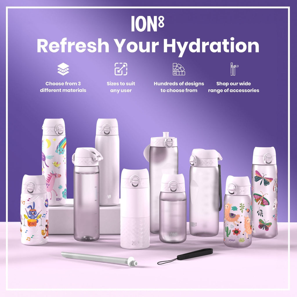 Ion8 Leak Proof 1L Recyclon Water Bottle in light purple with a secure lid and smooth surface, designed for durable hydration.