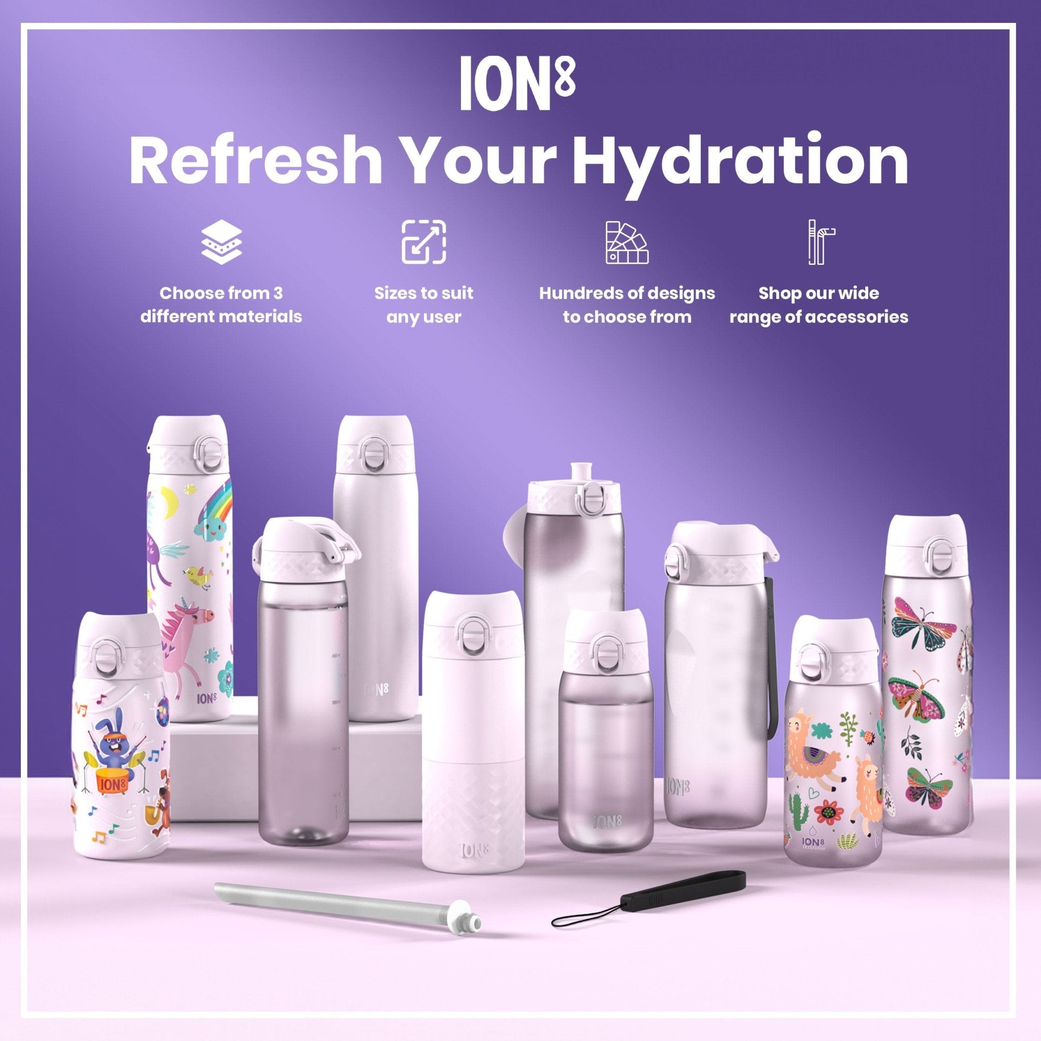 Ion8 Leak Proof 1L Recyclon Water Bottle in light purple with a secure lid and smooth surface, designed for durable hydration.