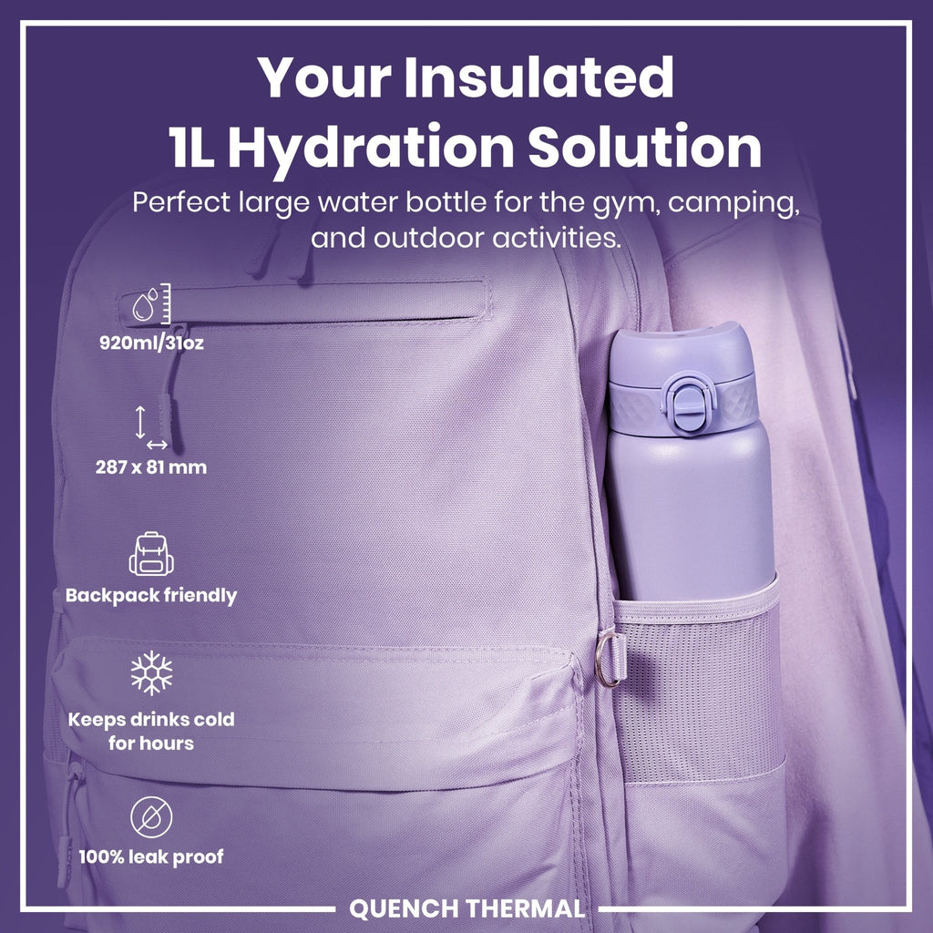 Light purple ION8 insulated 1-litre thermal water bottle, leak-proof with a secure lid, designed for hot and cold beverages.