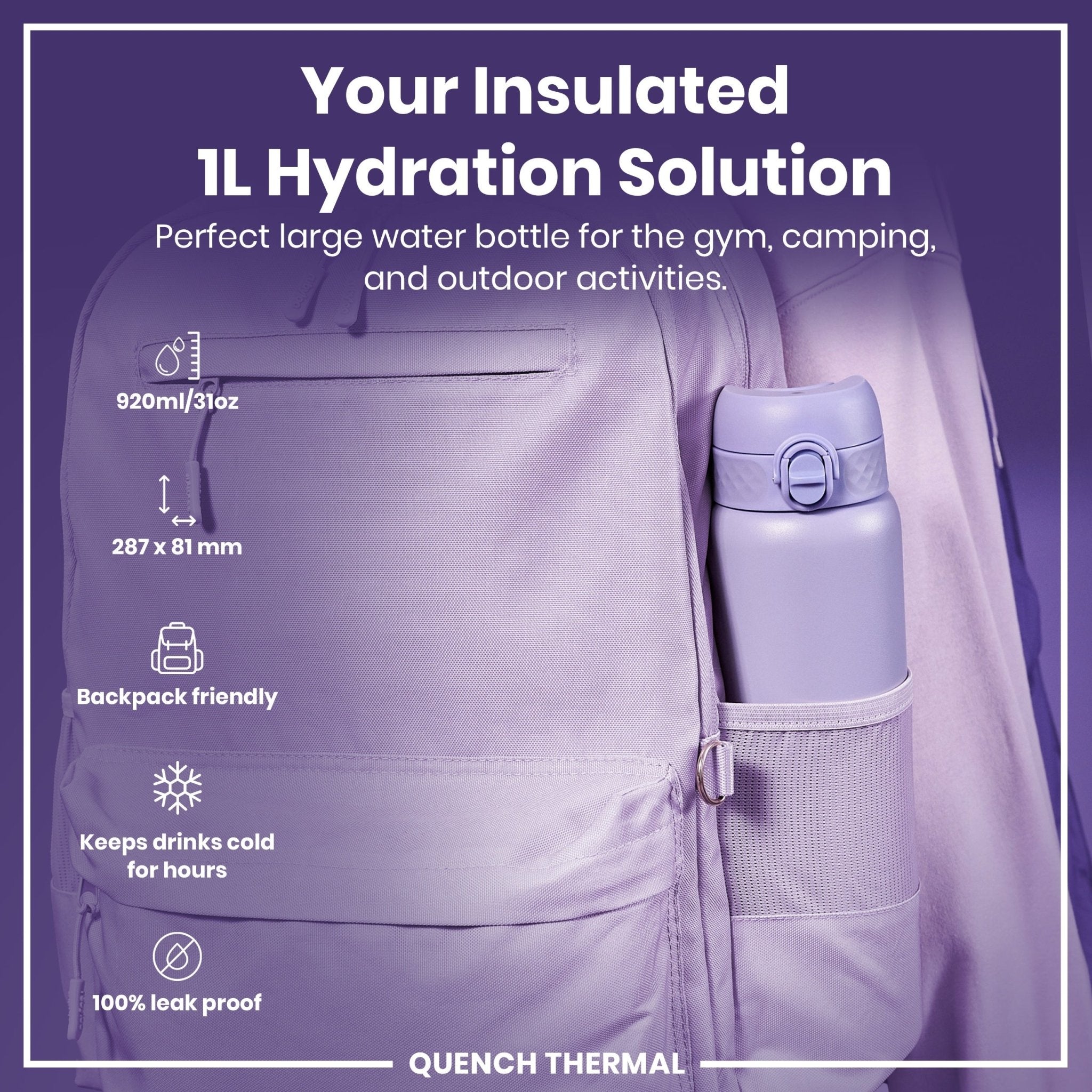 Light purple ION8 insulated 1-litre thermal water bottle, leak-proof with a secure lid, designed for hot and cold beverages.