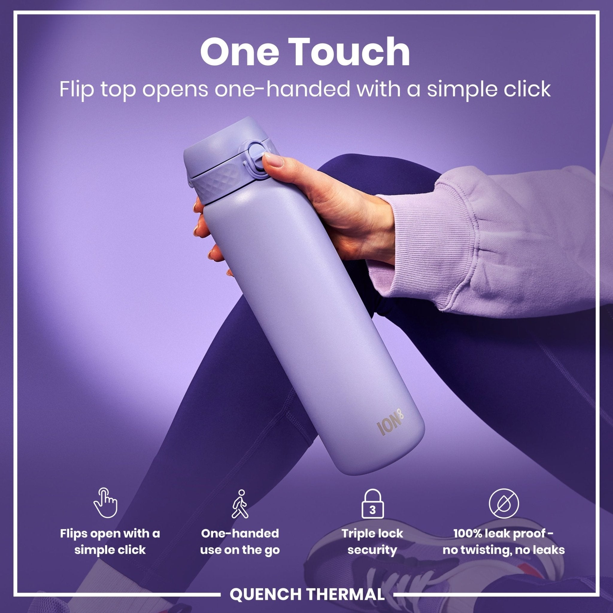 Light purple ION8 1L insulated leak-proof thermal water bottle, showing a sleek, insulated design with a secure lid.