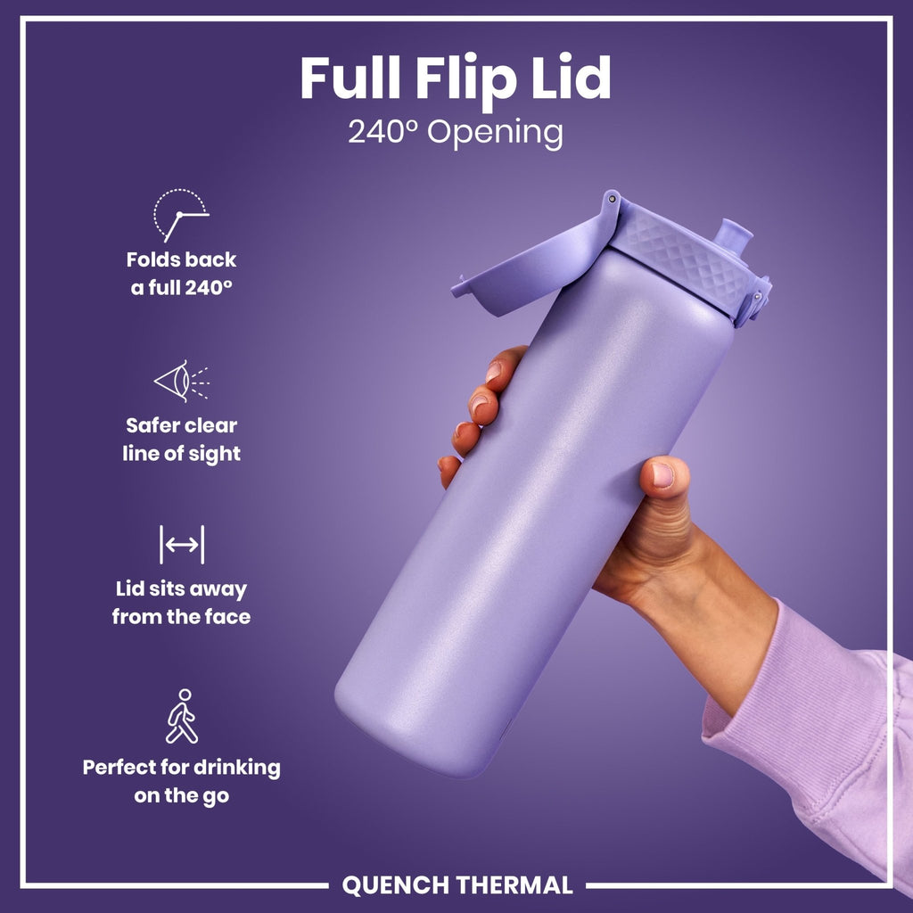 Light purple ION8 insulated 1-liter thermal water bottle, leak-proof design and durable construction visible in the image.