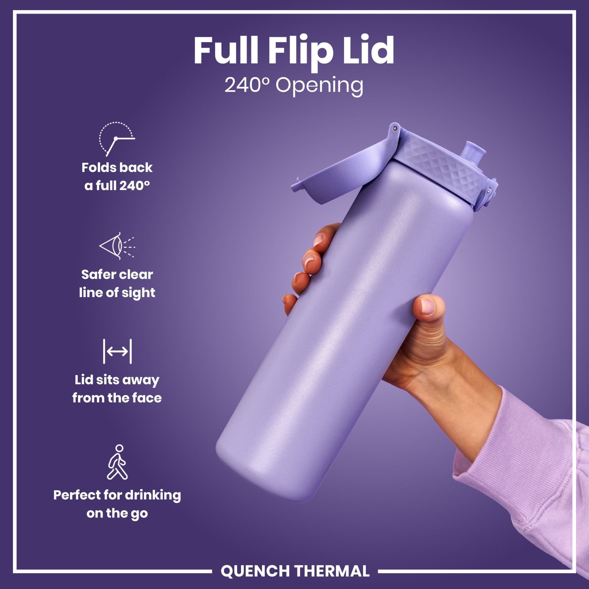 Light purple ION8 insulated 1-liter thermal water bottle, leak-proof design and durable construction visible in the image.