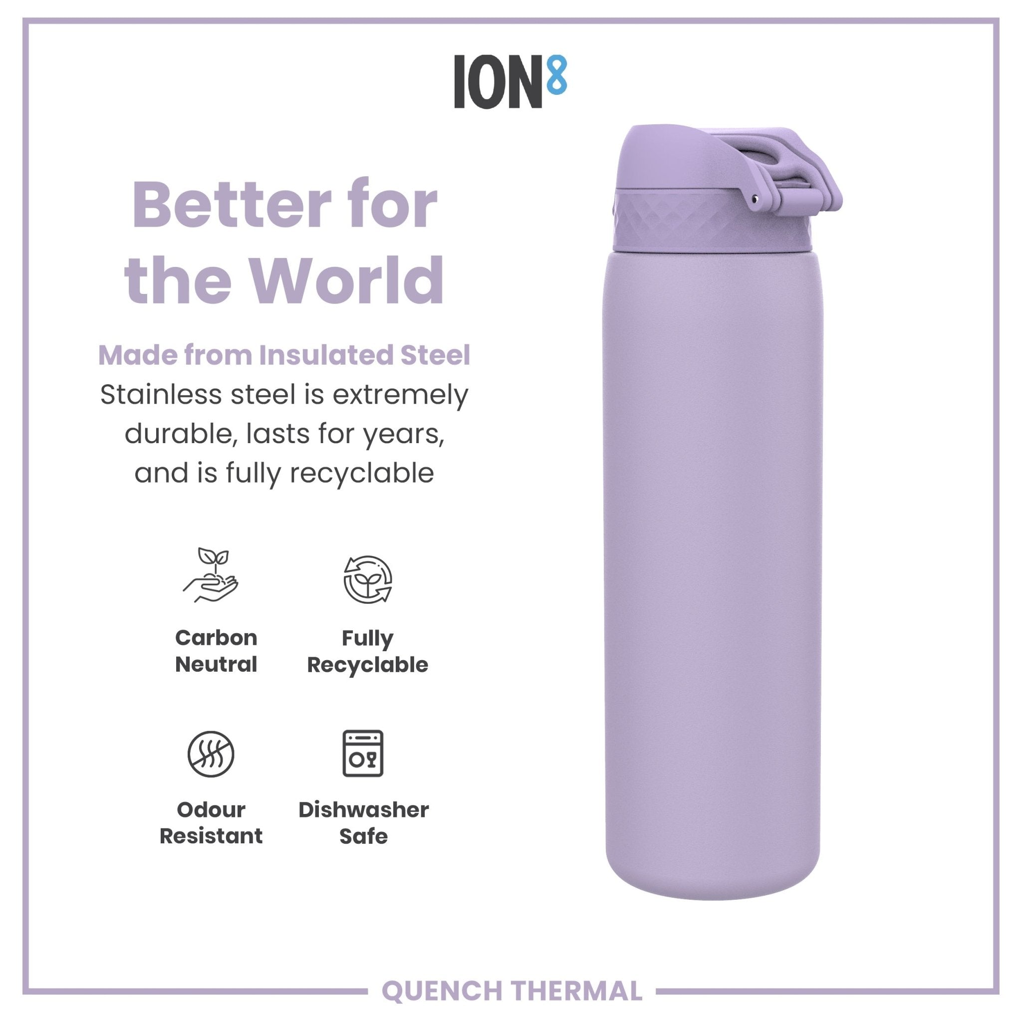 Light purple ION8 1L insulated water bottle with leak-proof design and thermal insulation for hot and cold drinks.