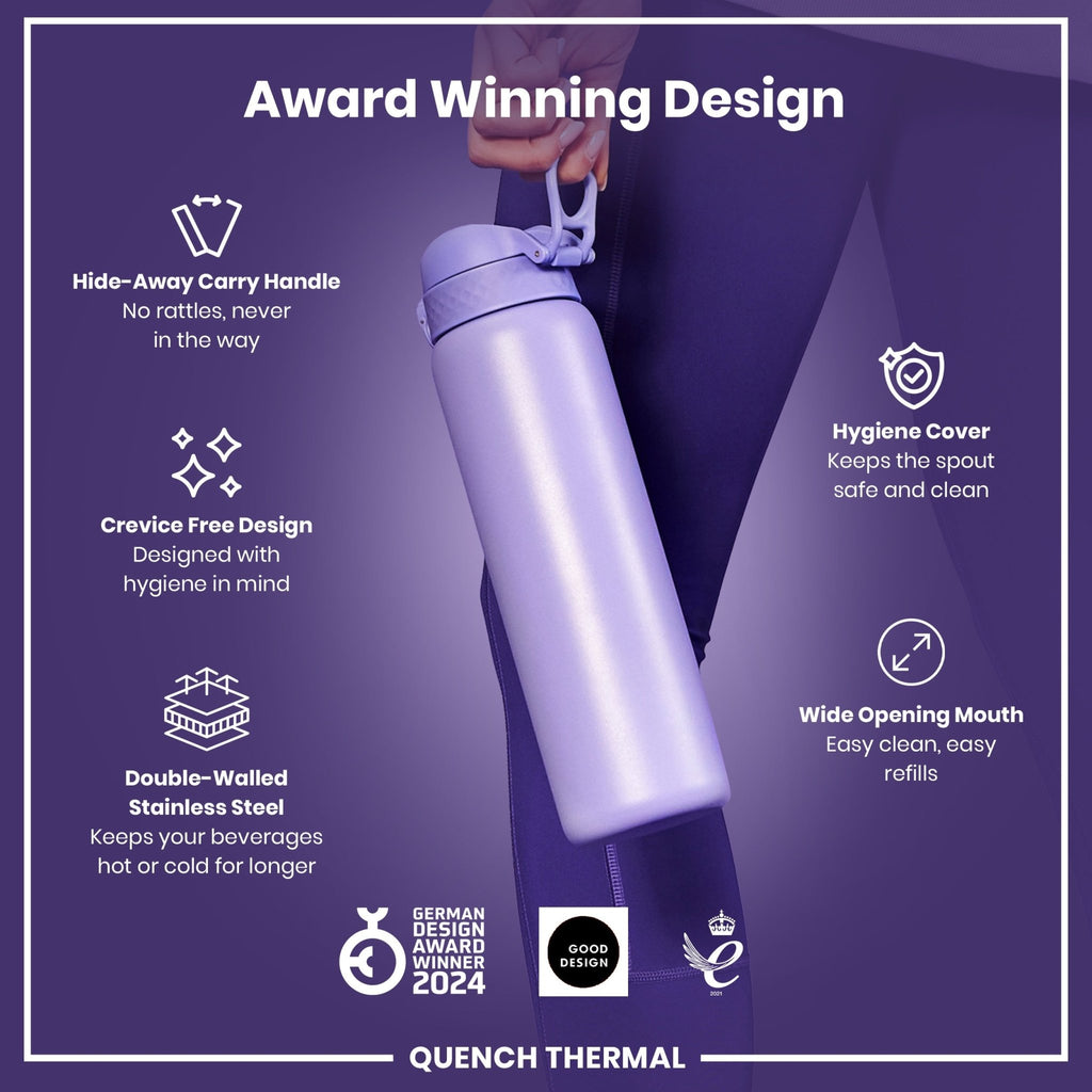 Light purple ION8 1L insulated water bottle with leak-proof design and thermal insulation, suitable for hot and cold drinks.