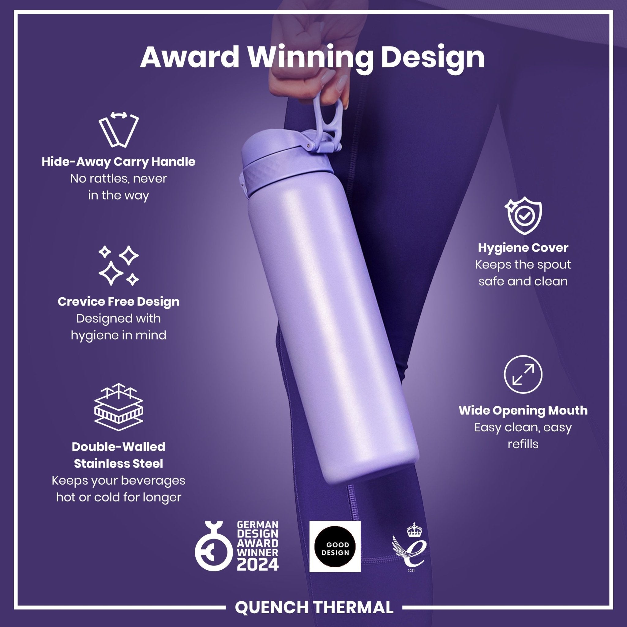 Light purple ION8 1L insulated water bottle with leak-proof design and thermal insulation, suitable for hot and cold drinks.