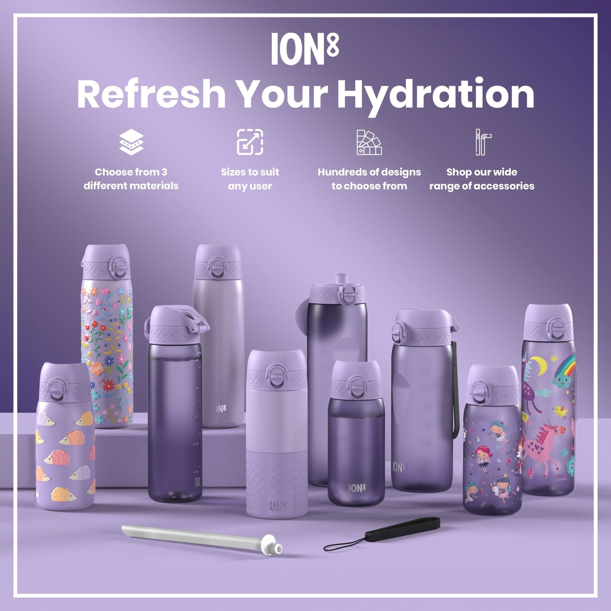 Light purple ION8 leak-proof 1L insulated water bottle with thermal insulation, designed for hot and cold beverages.