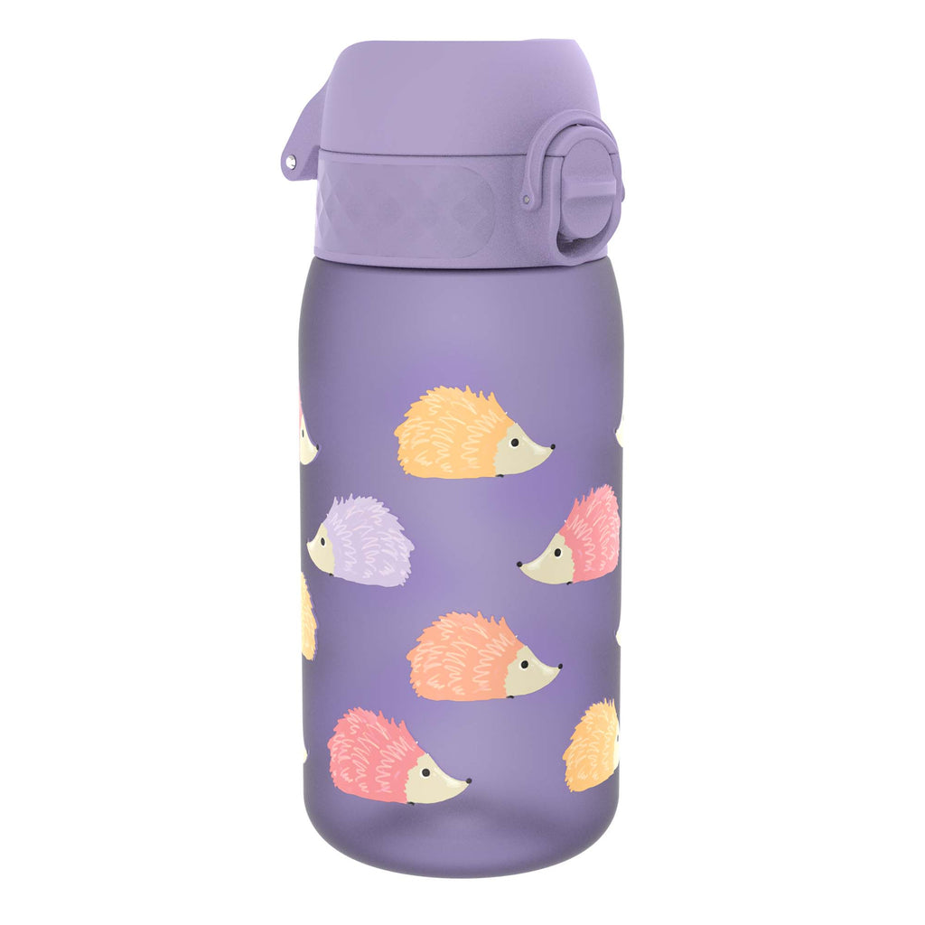 ION8 Recyclon leak-proof kids' water bottle with hedgehog design, 350ml (12oz), featuring a colorful, easy-to-hold shape.