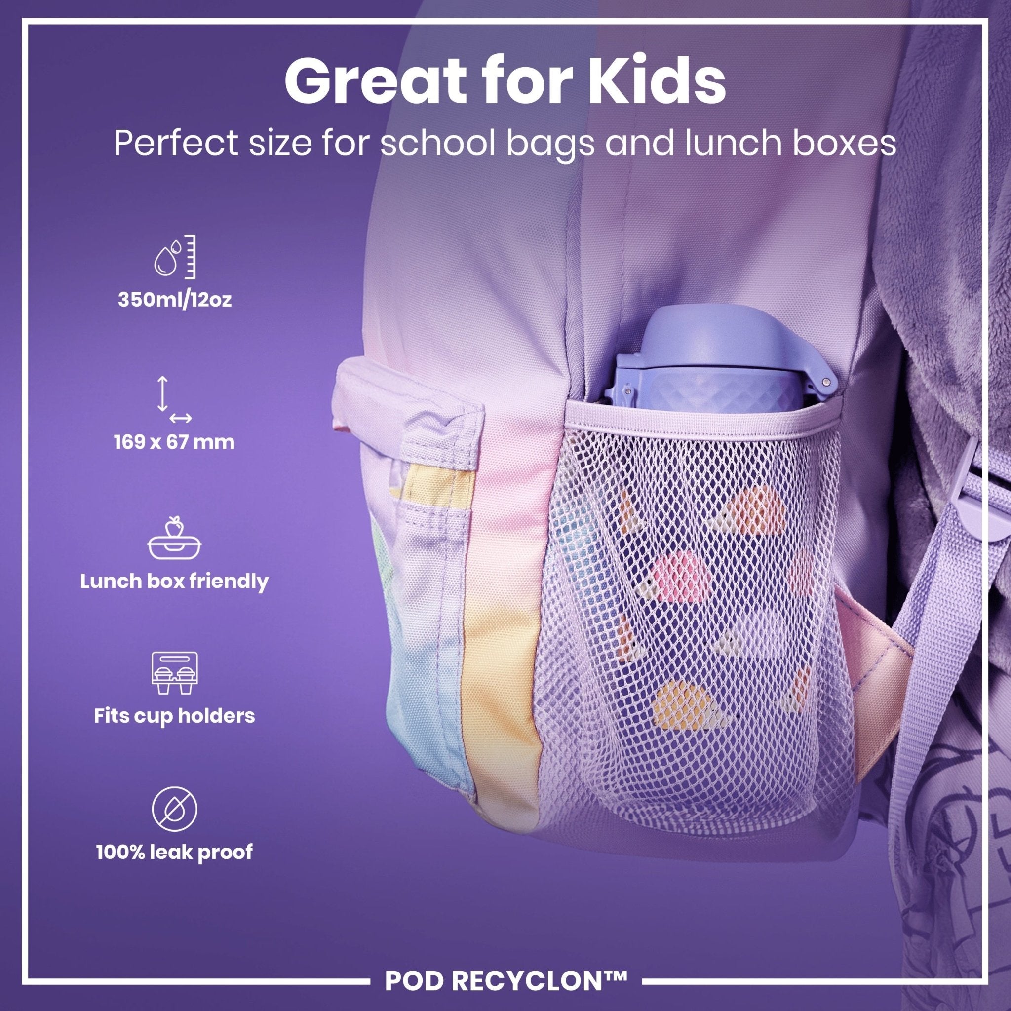 Recyclon Leak Proof Kids' Water Bottle with Hedgehog design by ION8, 350ml (12oz) features a durable, spill-proof container for children.